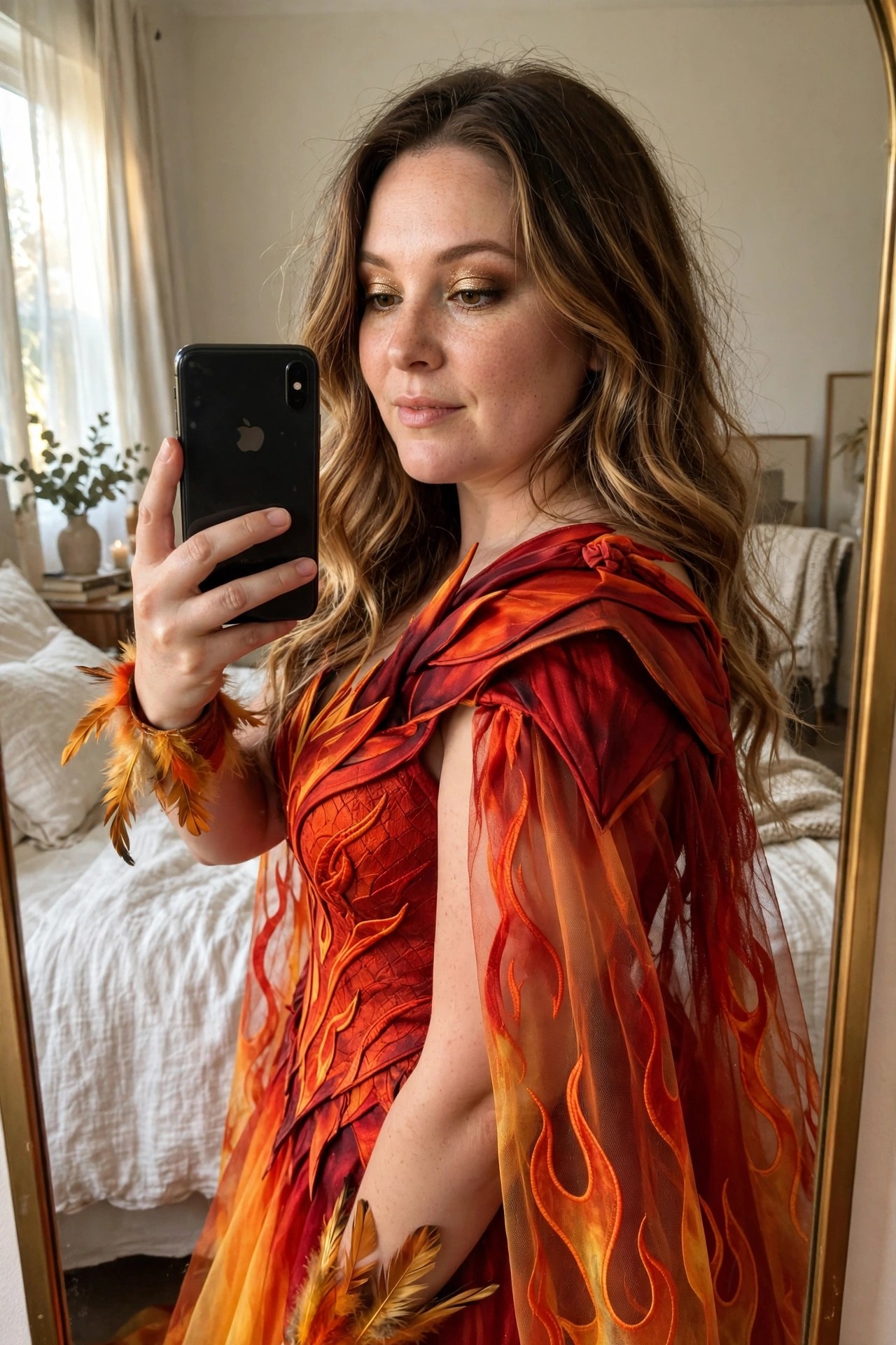 Woman taking a mirror selfie in a red and orange flame patterned dress with a sheer cape and feather accents on the arms and skirt.