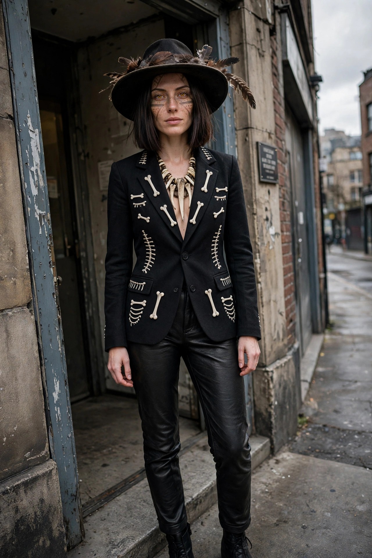 Woman wearing black blazer and pants decorated with white bone pieces, bone necklace, feathered hat, and subtle skull face paint.