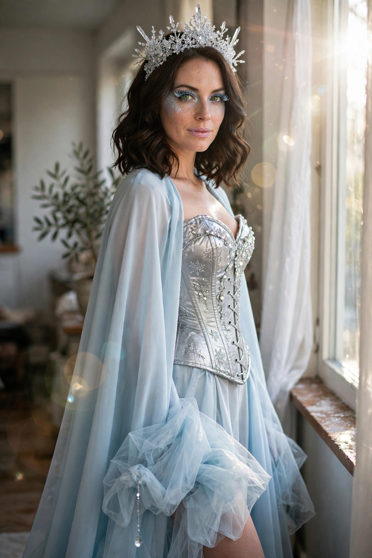Woman wearing a silver snowflake corset with light blue tulle skirt and cape plus a crystal snowflake crown for a Snow Queen Halloween costume.