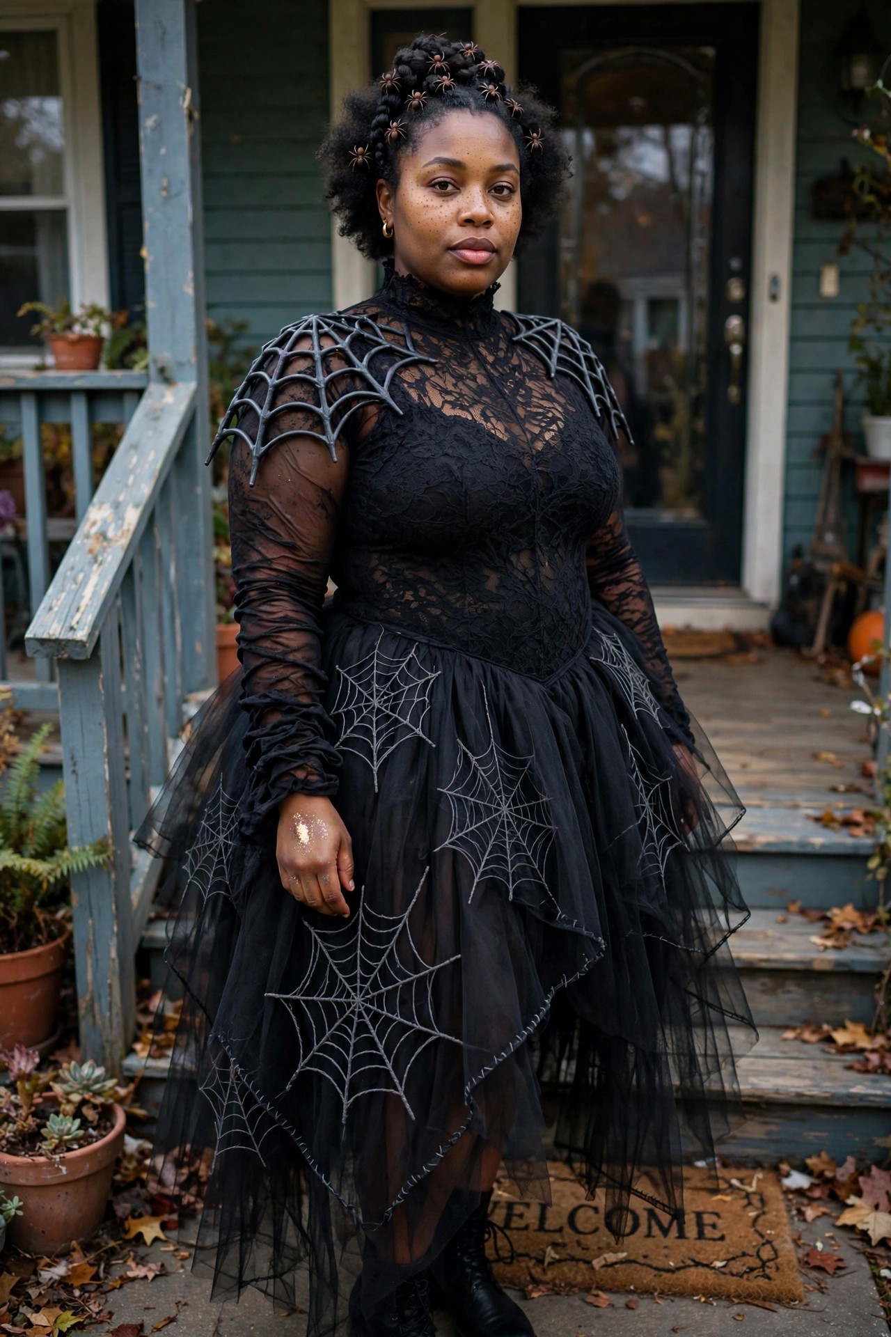 Woman wearing a black lace top with spiderweb shoulder pieces and a layered tulle skirt decorated with multiple spiderweb appliques, plus small spider hair accessories.