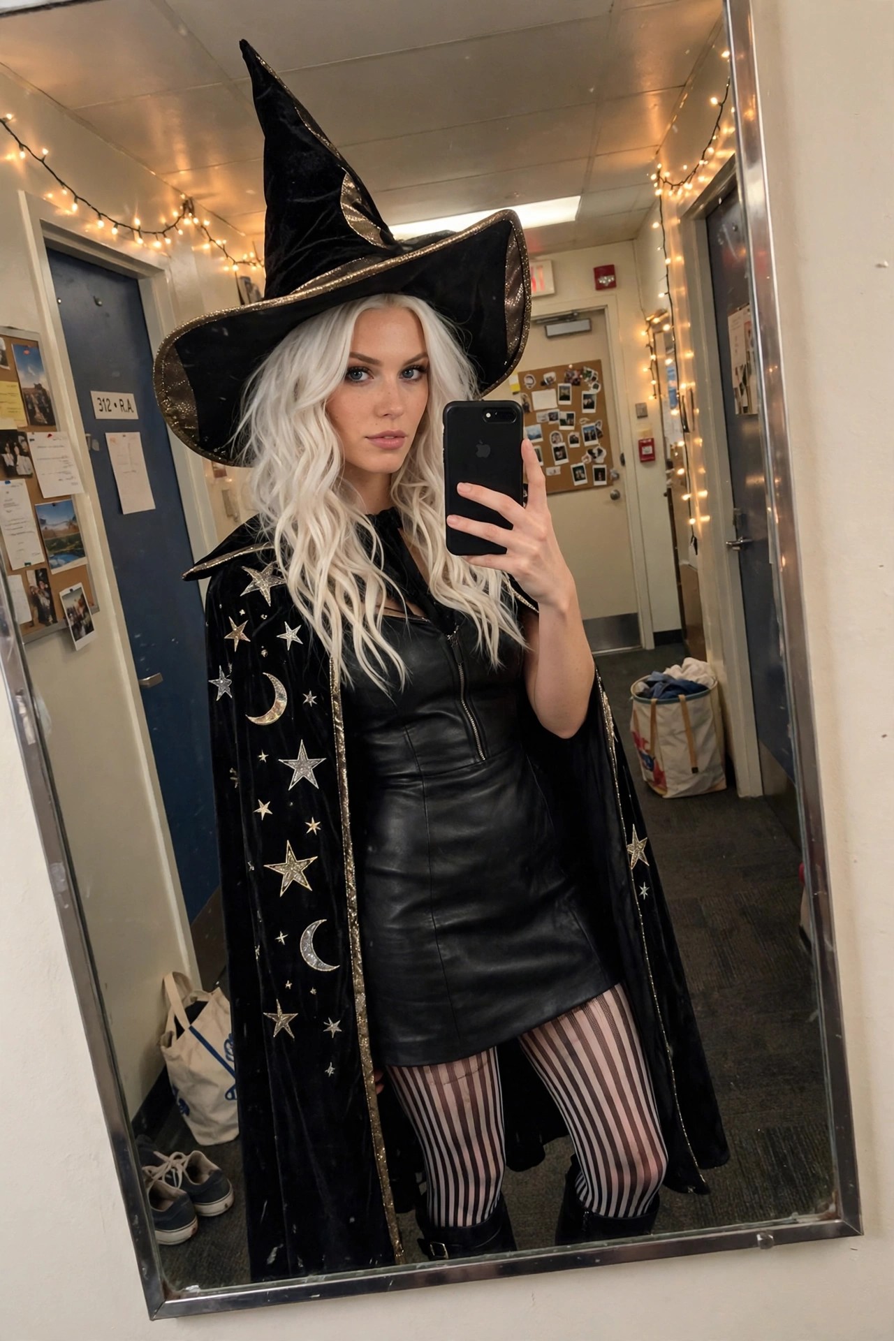 Woman wearing a black witch hat and long black cape decorated with gold stars and moons over a black mini dress and striped tights.