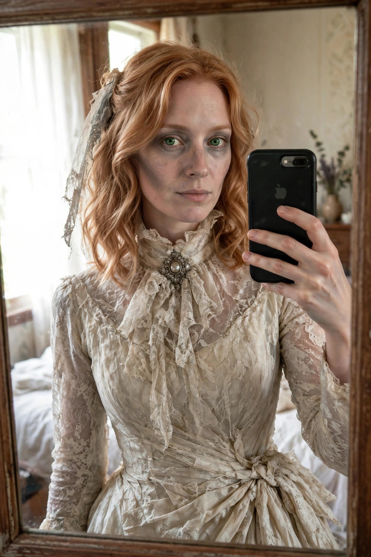 Woman wearing a tattered off white lace Victorian dress with high collar bow and brooch plus veil accessory and dark eye makeup taking a mirror selfie.