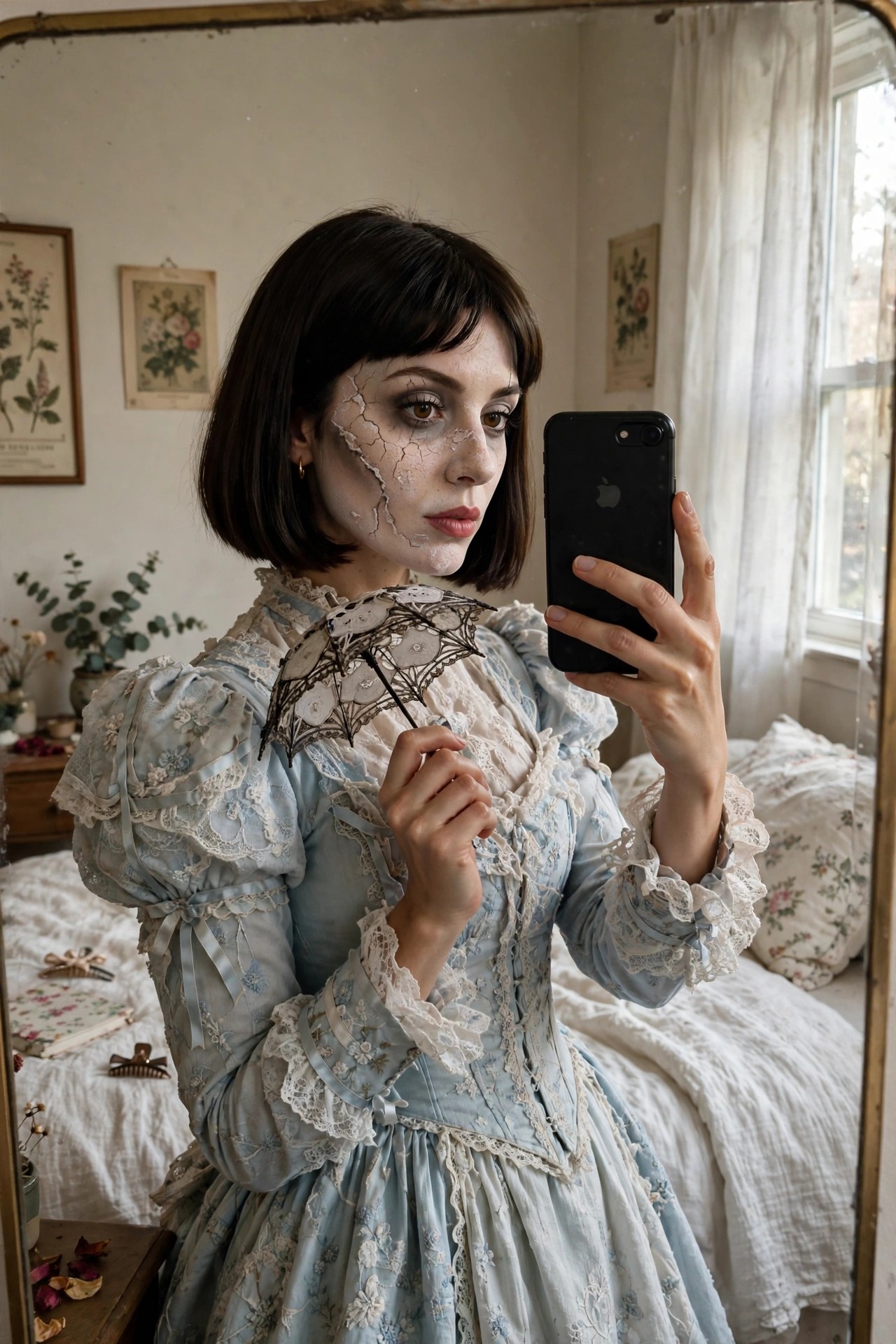 Woman wearing a pale blue Victorian style dress with lace and ribbons holding a black lace parasol and showing cracked porcelain doll makeup on her face.