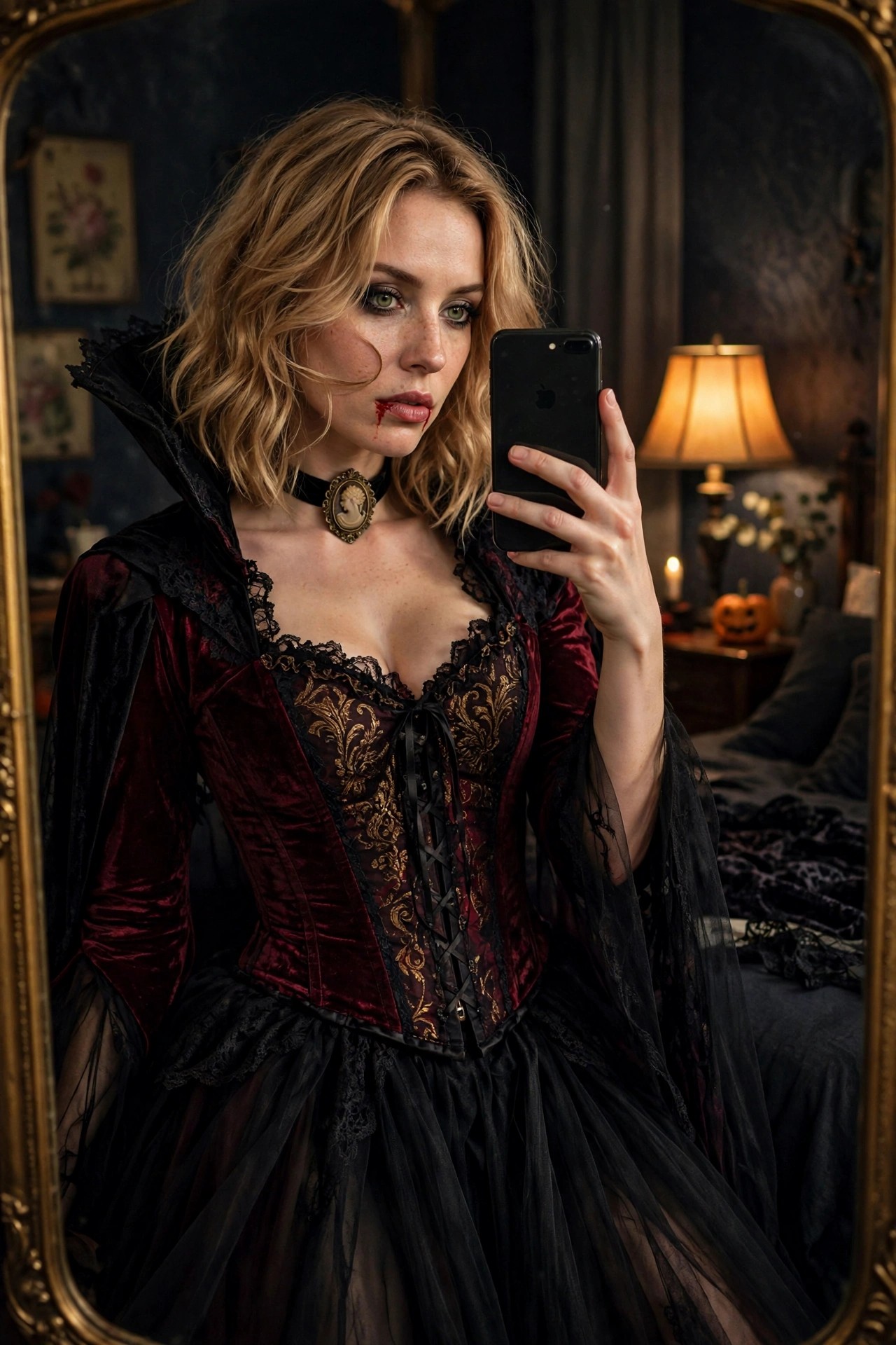 Woman wearing a red velvet corset with gold embroidery, black cape, sheer black tulle skirt, and cameo choker while holding a phone for a mirror selfie, with fake blood near her mouth.