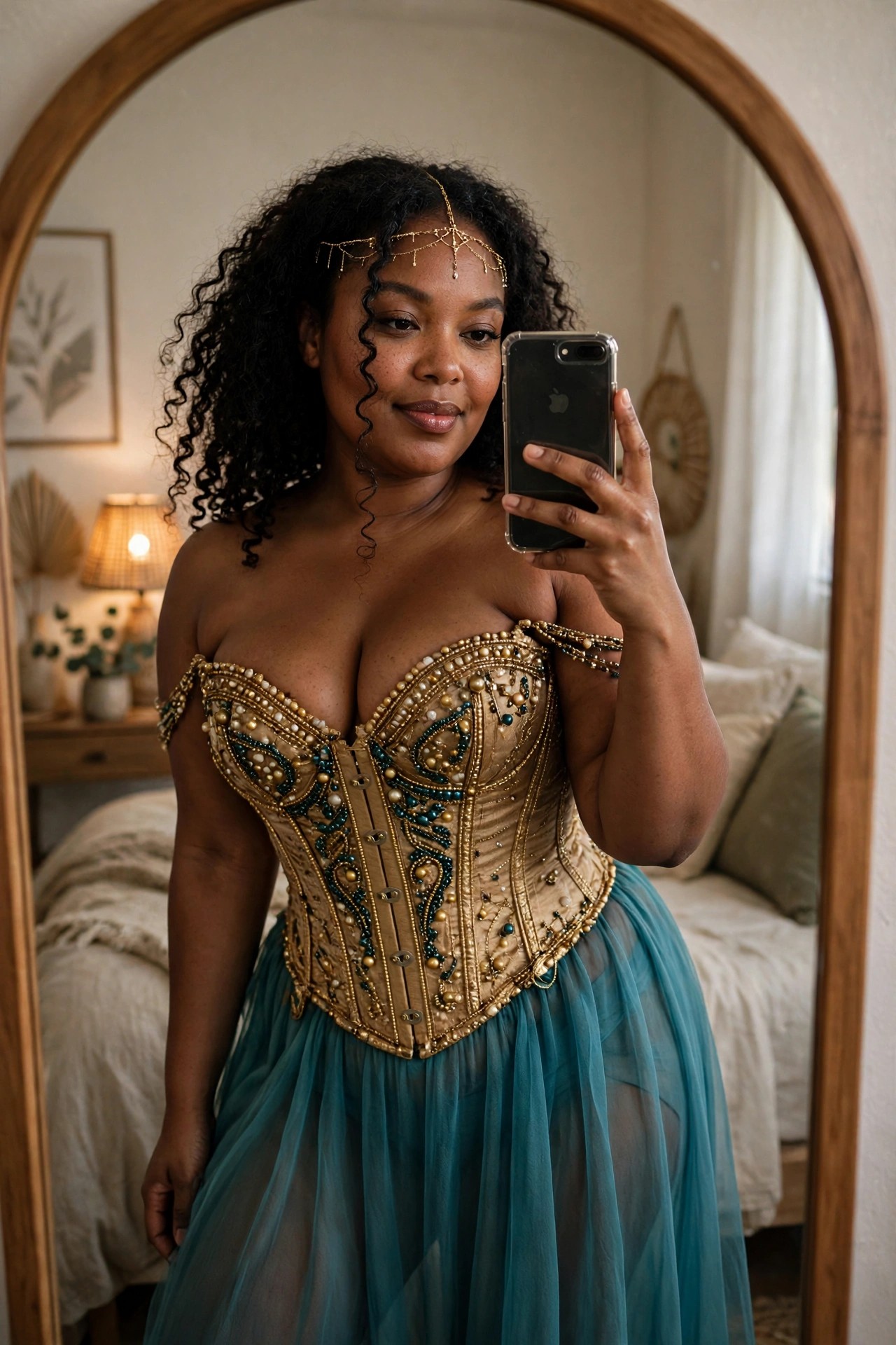 Woman wearing a gold beaded corset with teal accents and a flowing teal tulle skirt, holding a phone for a mirror selfie.