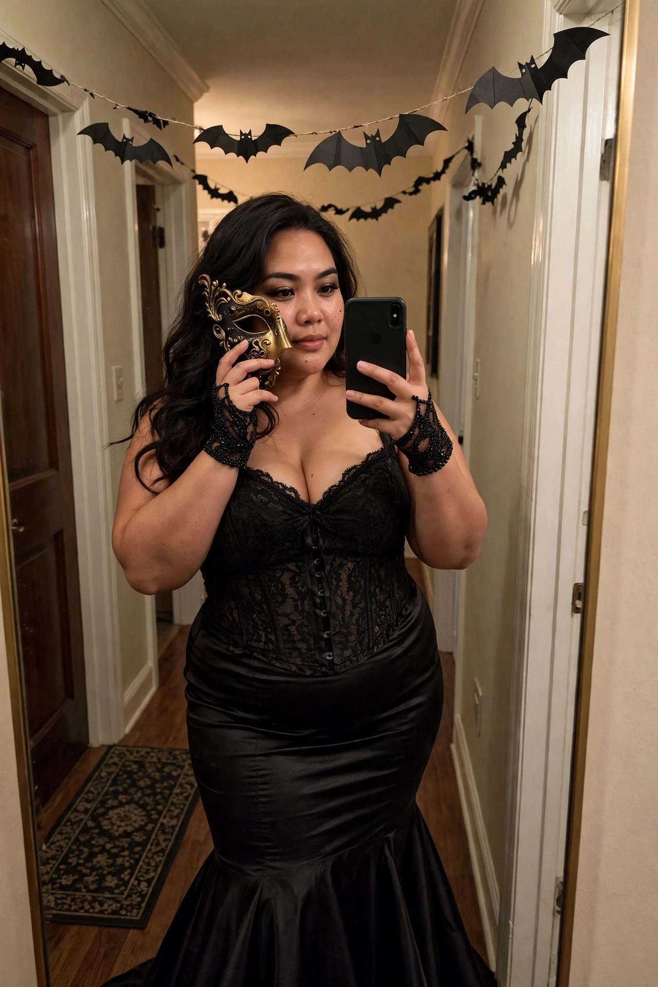 Woman wearing a black lace corset top and satin mermaid skirt holding a gold masquerade mask for a Halloween costume.