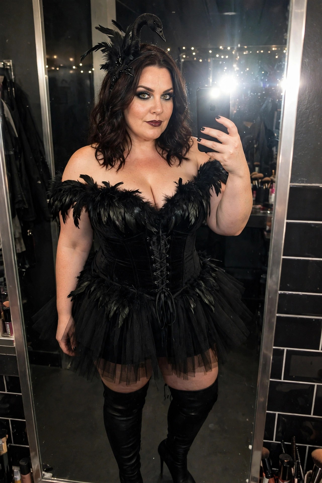 Plus size woman wearing a black feathered corset with lace-up front, black tulle tutu skirt, black thigh-high boots, and a black swan feather headpiece while taking a mirror selfie.