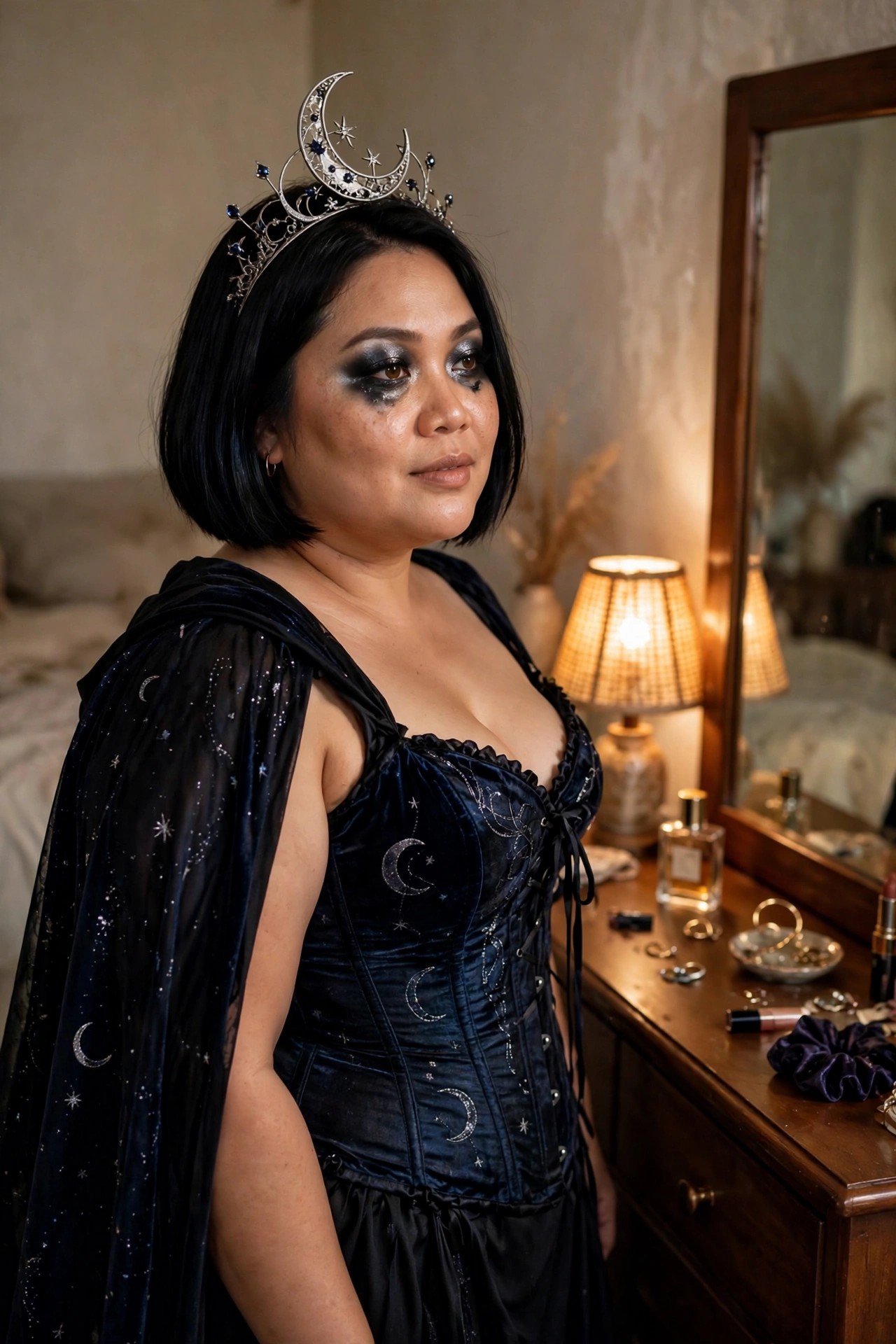 Woman wearing a dark blue velvet corset with moon and star details, sheer celestial cape, and silver crescent moon crown with smoky eye makeup.