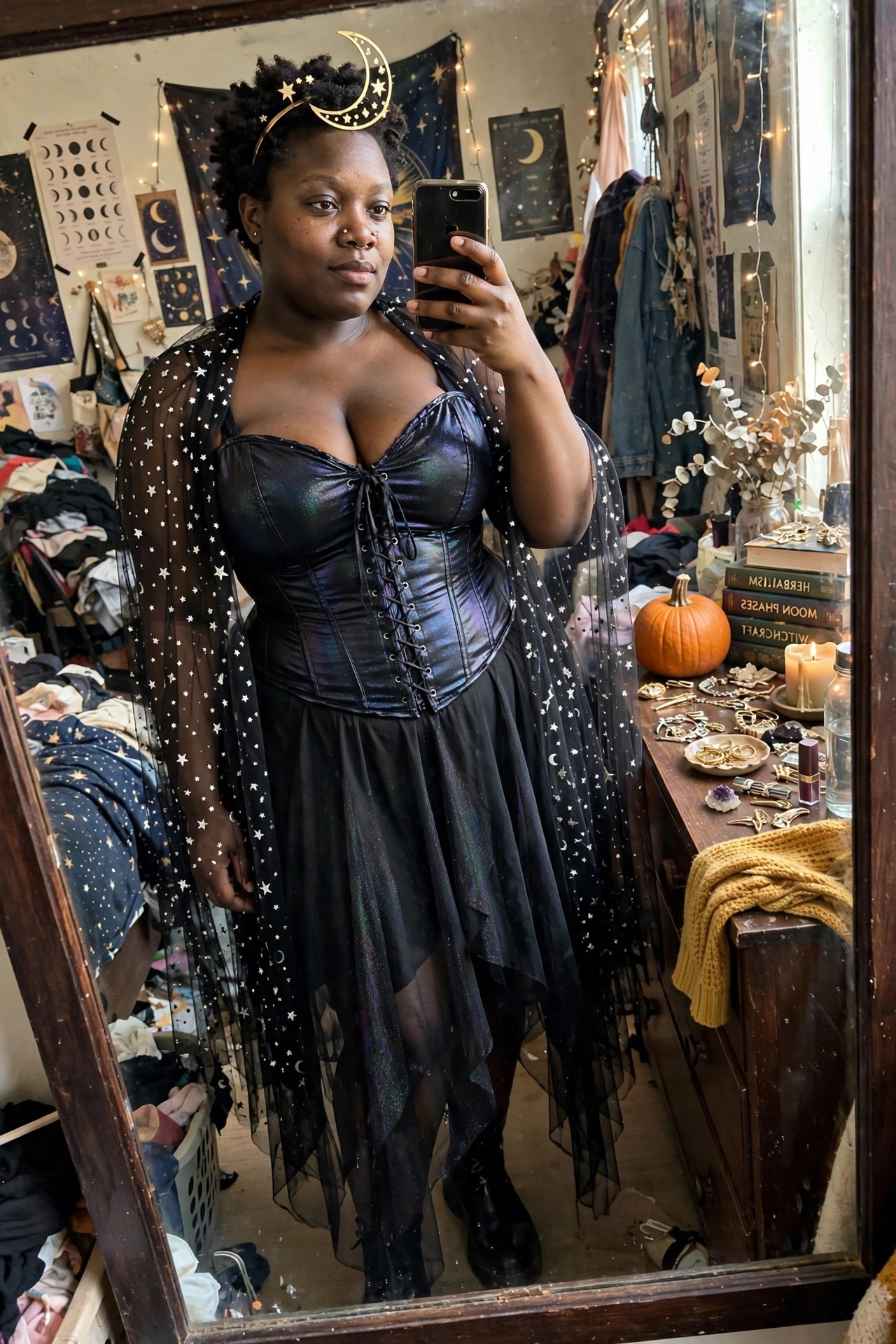 Plus size woman wearing an iridescent black corset with lace up front, sheer black cape covered in white stars and moons, black asymmetrical skirt, black boots, and gold crescent moon headpiece while taking a mirror selfie.