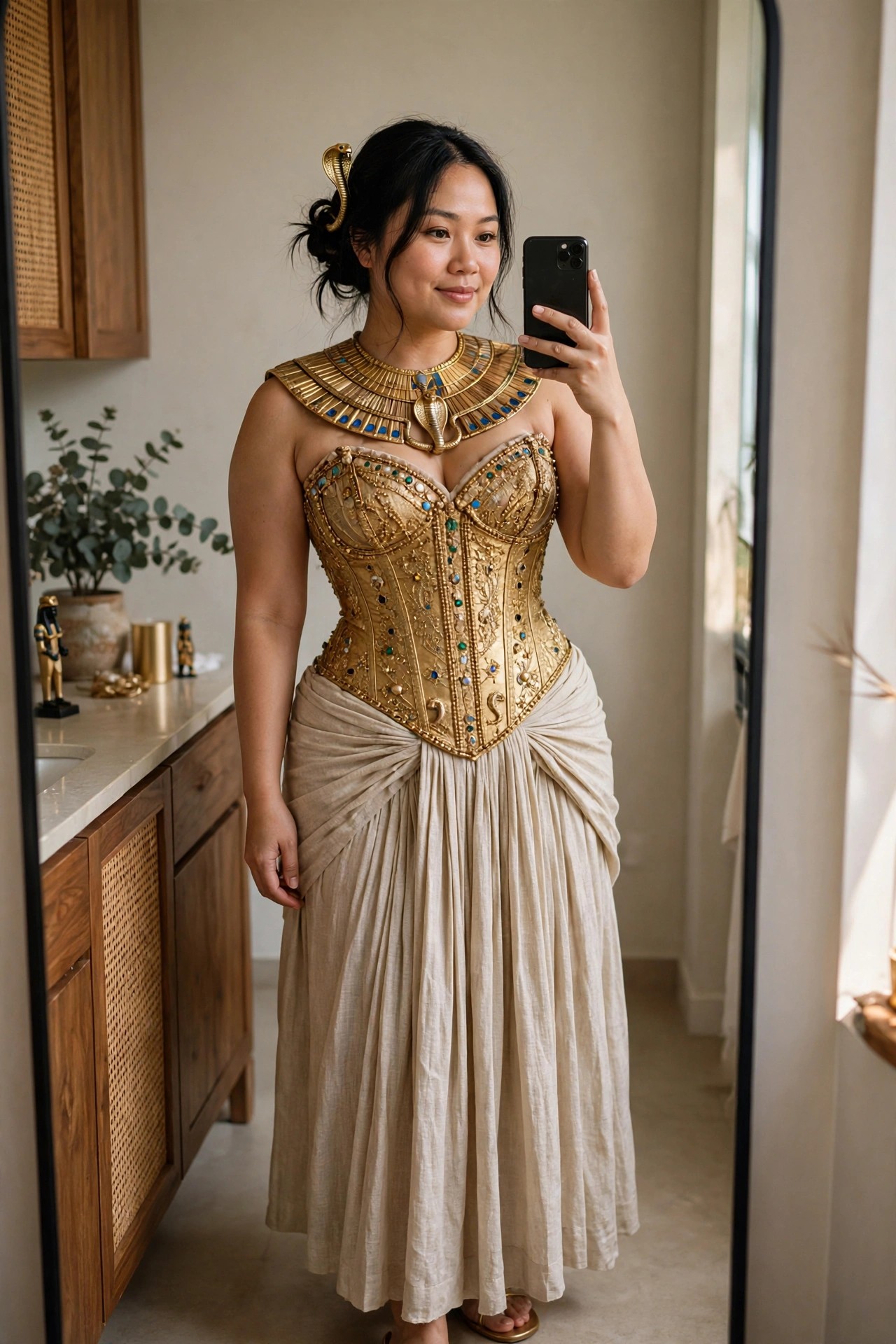 Woman wearing a gold ornate corset with jewel details, wide Egyptian collar necklace featuring a cobra, pleated beige skirt, and a small gold snake hair accessory in an updo.