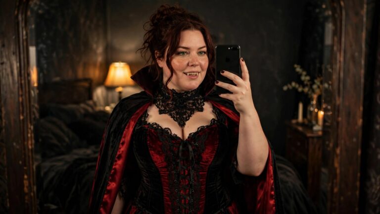 23 Hot Plus Size Halloween Costumes That Turn Up the Heat Plus size woman wearing a red velvet corset with black lacing and gold trim, paired with a black cape lined in red, taking a mirror selfie.