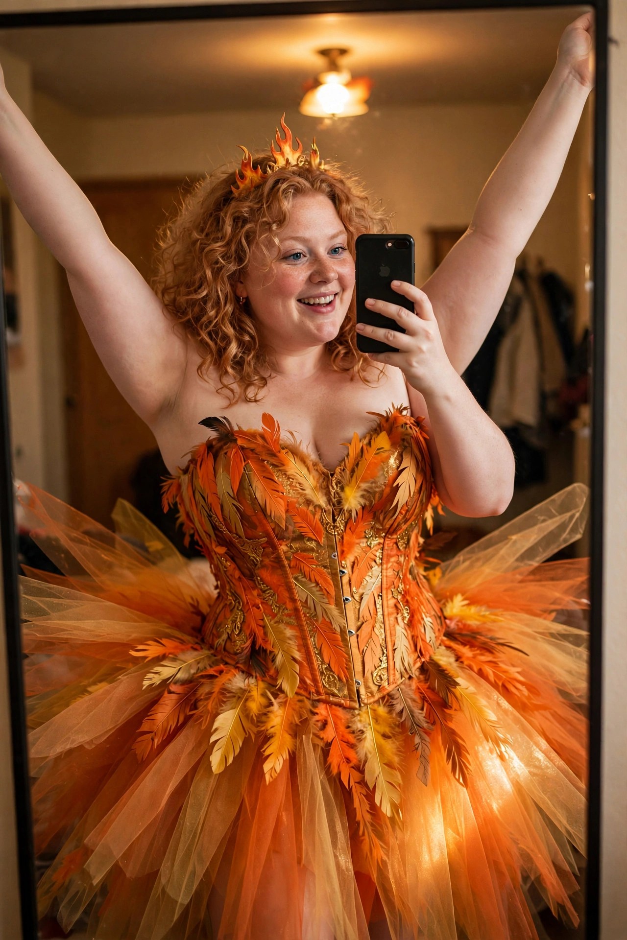 Plus size woman wearing an orange and gold feathered corset with a voluminous orange tulle skirt and a small flame crown, taking a mirror selfie.