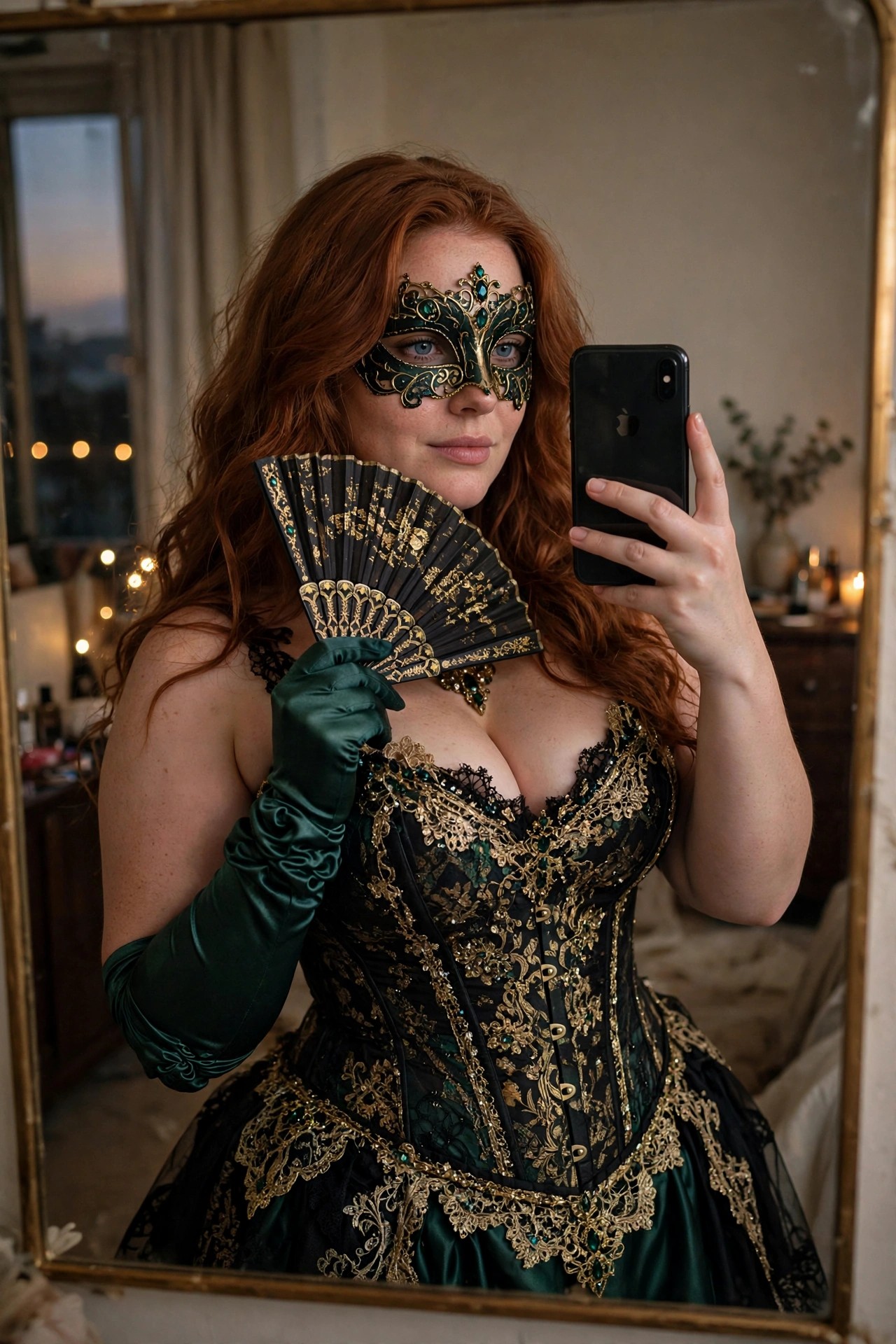 Plus size woman in black and gold masquerade corset gown with green accents holding a decorative fan and wearing a jeweled mask while taking a mirror selfie.