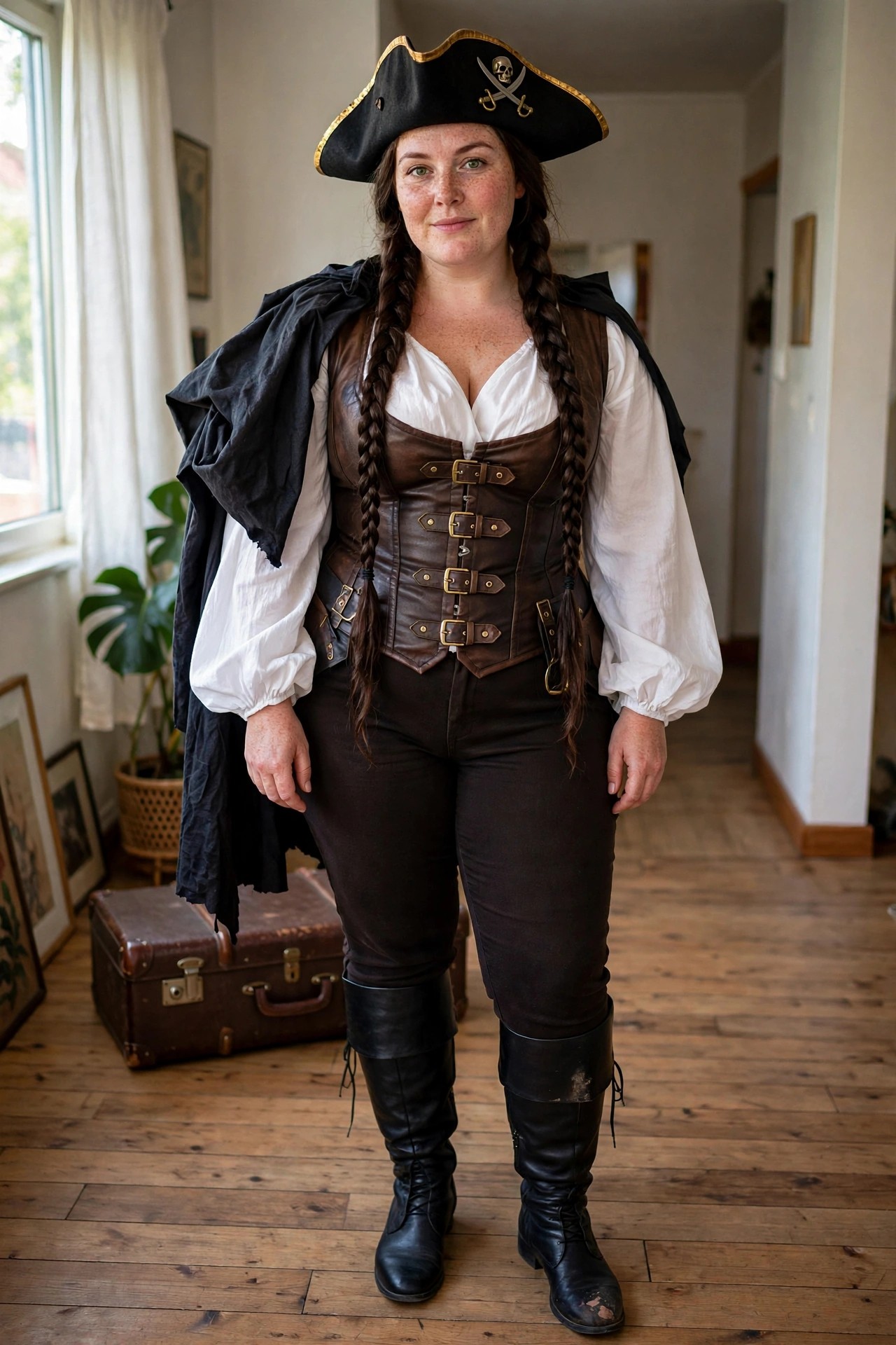Woman wearing a pirate captain costume with black tricorn hat, brown corset, white blouse, black cape, dark pants, and tall black boots.