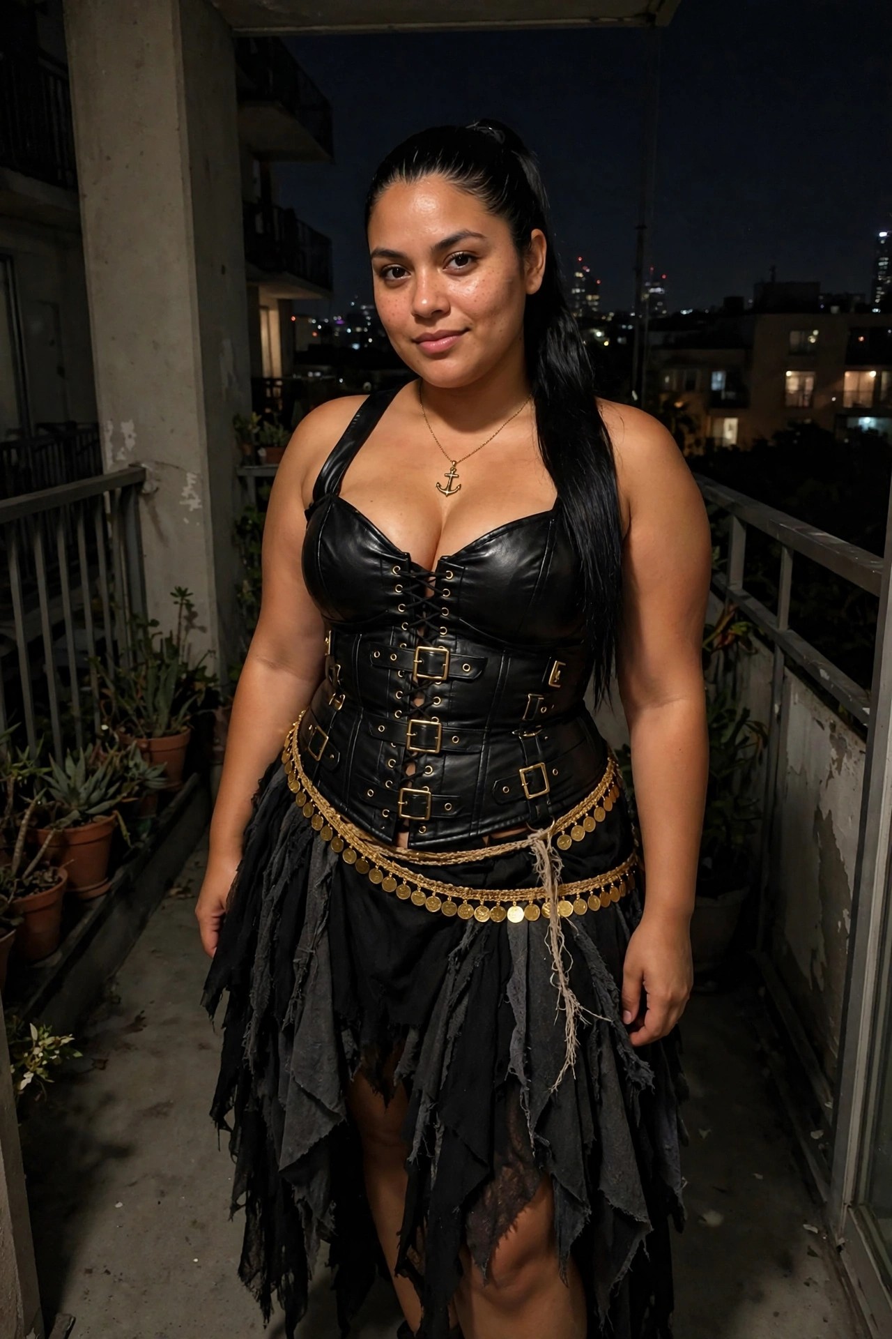 Woman wearing a black corset top with front lacing and gold buckles, wide black belt with multiple buckles, shredded black skirt, gold coin belt, and anchor necklace.