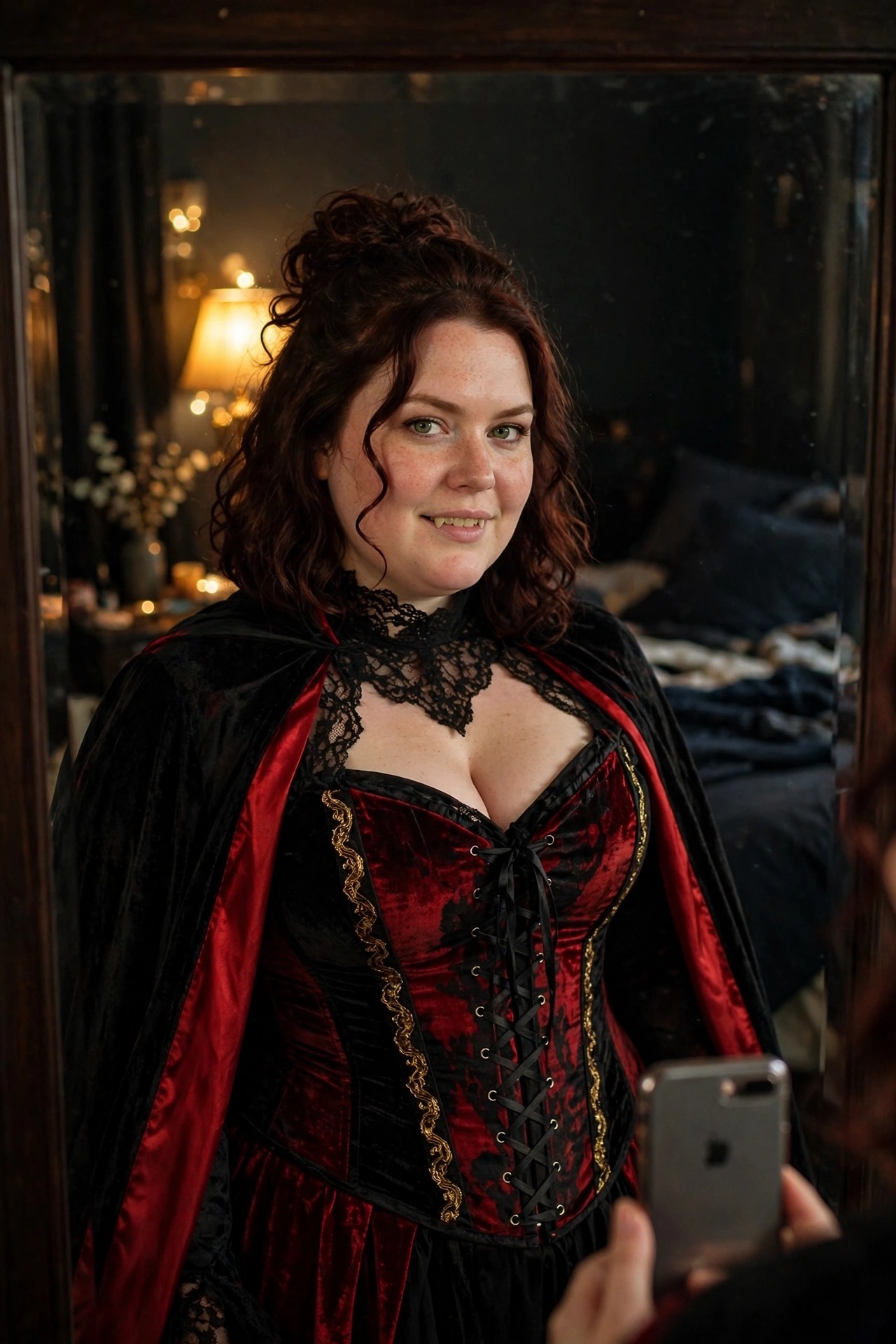 Plus size woman wearing a red velvet corset with black lacing and gold trim, paired with a black cape lined in red, taking a mirror selfie.