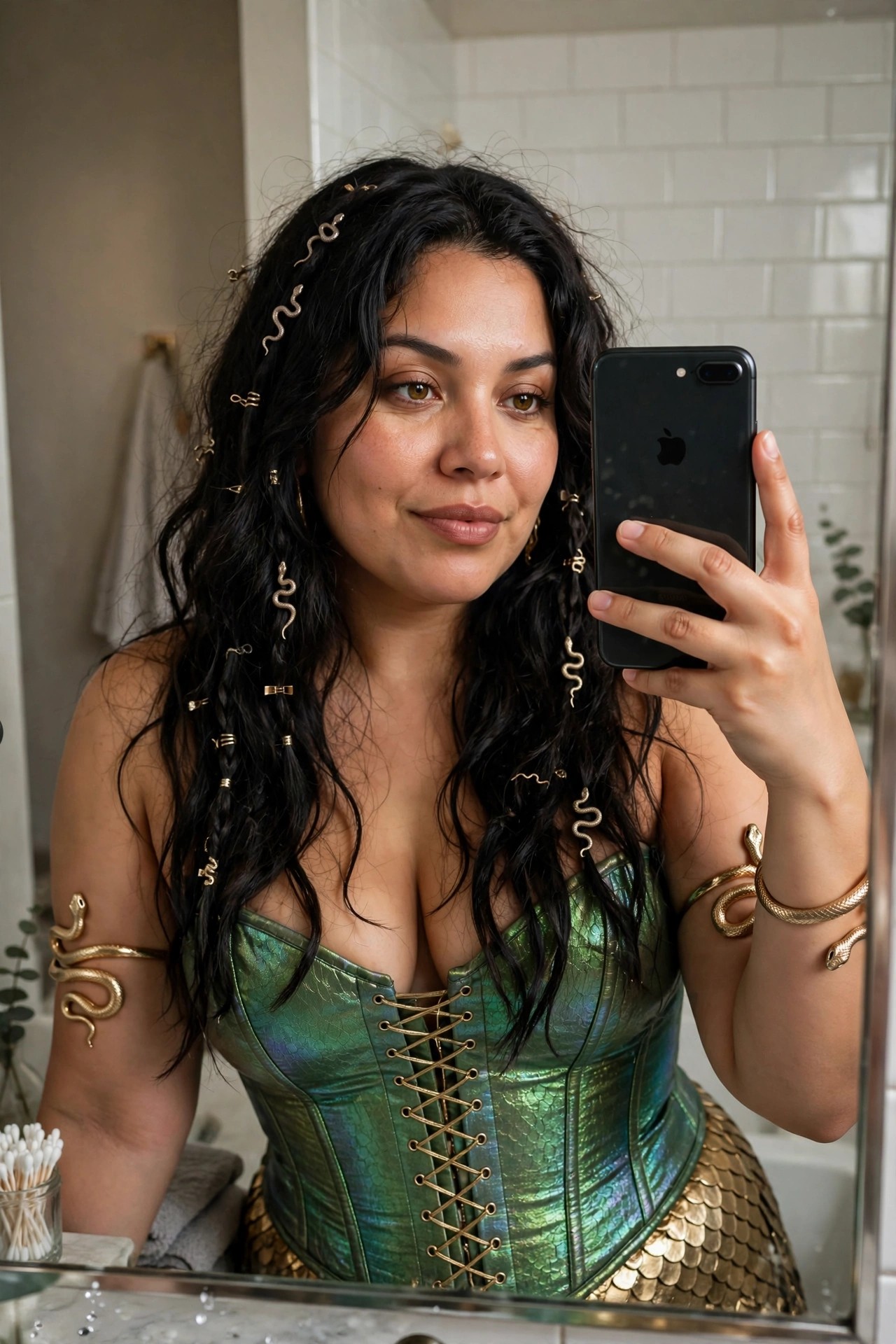 Woman in a green metallic corset with gold lacing and a gold scaled skirt wearing multiple gold snake accessories in her hair and on her arms.