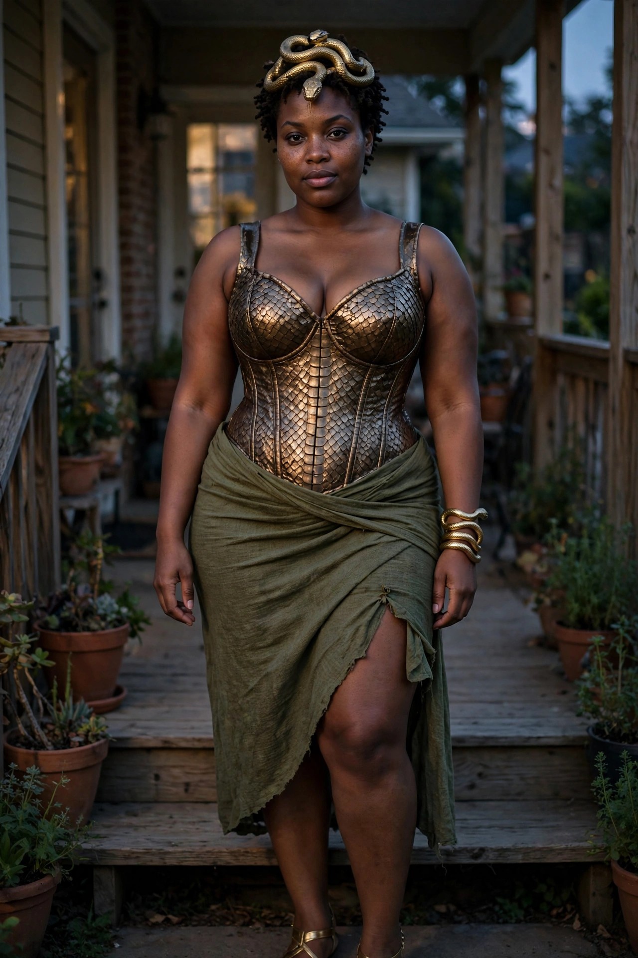 Woman wearing a gold scale corset top with a green draped skirt and golden snake headpiece and arm cuff as a Medusa costume.