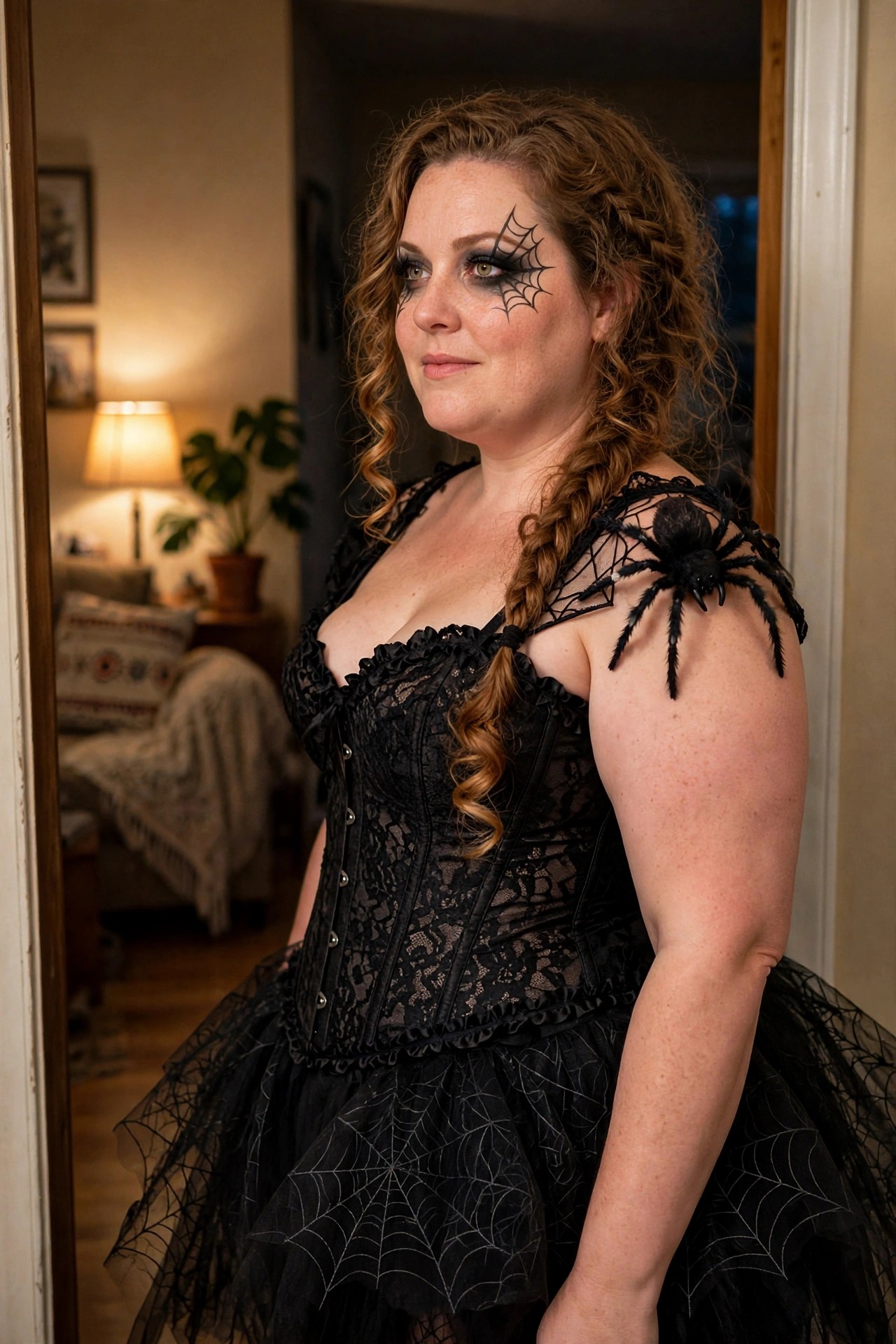 Plus size woman wearing a black lace corset top and spiderweb print tulle skirt with a large black spider accessory on the shoulder and spiderweb face paint around one eye.