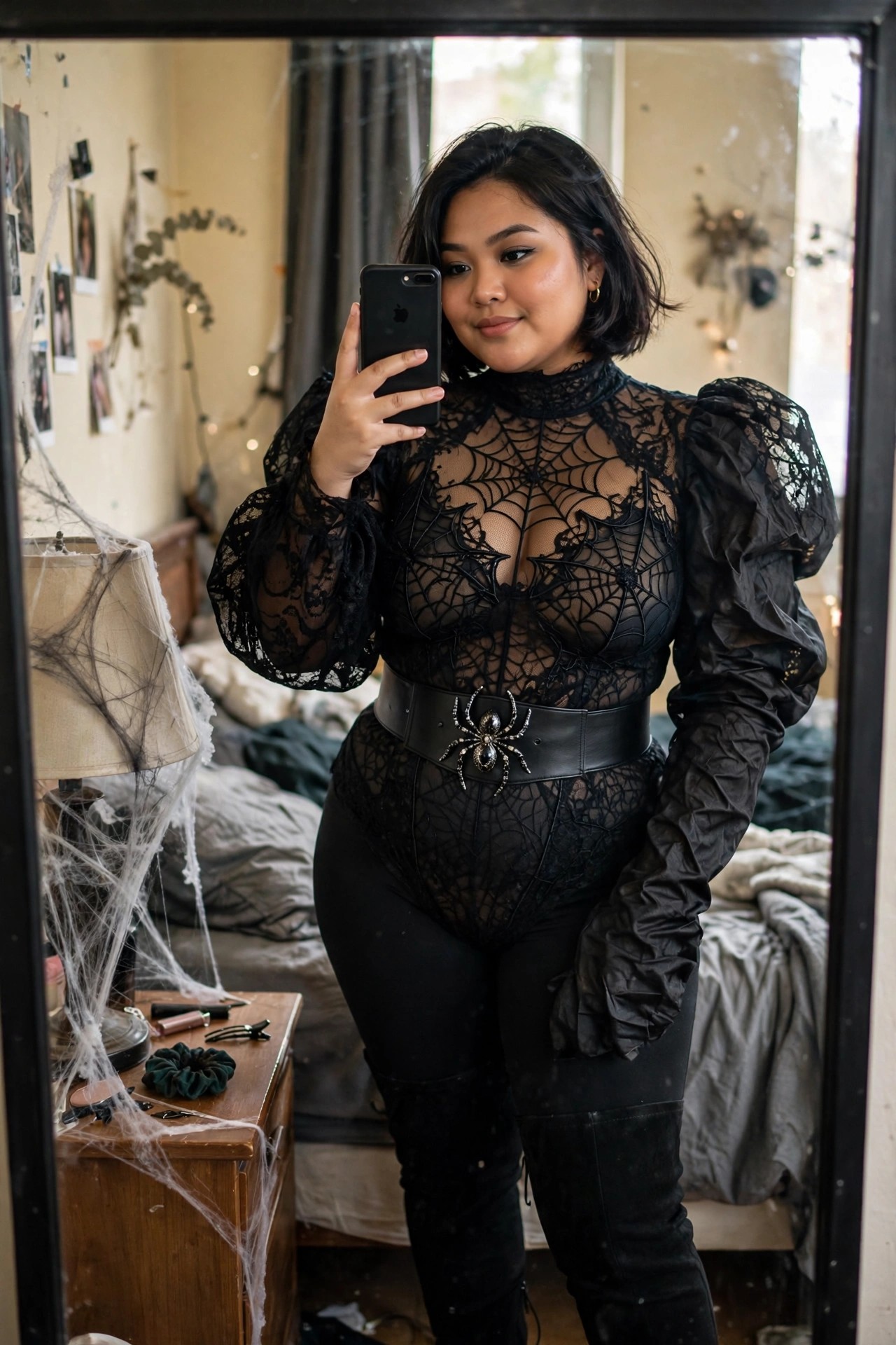 Woman wearing a black spiderweb lace bodysuit with bat details, puffy sleeves, and a wide belt featuring a large spider brooch.
