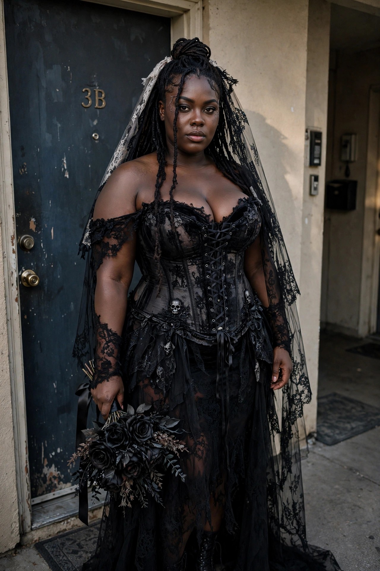 Woman wearing a black gothic bride costume with corset top, lace sleeves, veil, and black rose bouquet standing in front of a dark door.