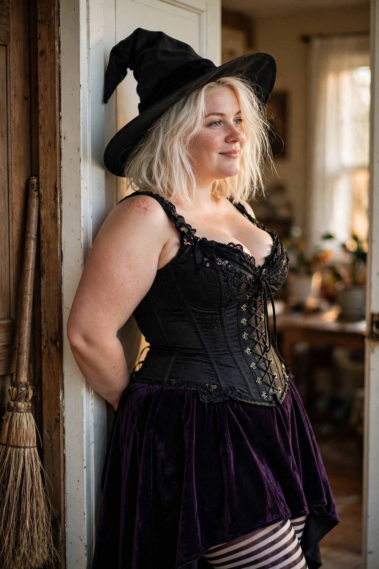 Plus size woman in black witch hat, black corset top with front lacing, purple velvet skirt and striped tights holding a witch costume pose.
