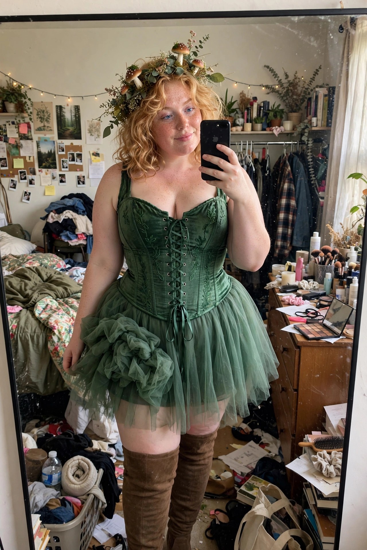 Plus size woman wearing a green velvet corset with lace up front and short layered green tulle skirt, mushroom and foliage crown on curly blonde hair, brown knee high boots, mirror selfie.