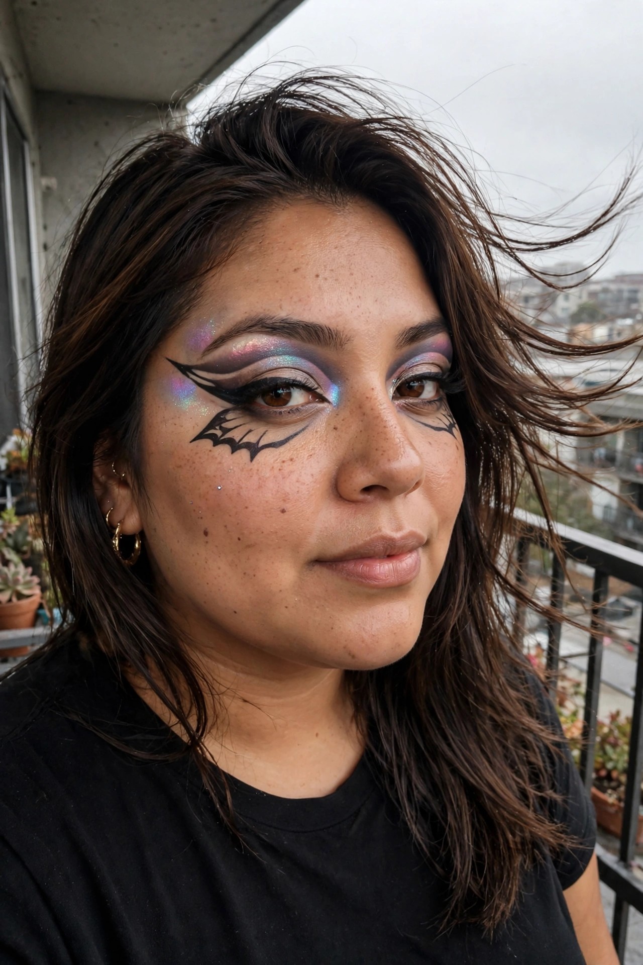 Close-up of eye makeup featuring black bat-shaped graphic liner wings, iridescent purple and blue shimmer eyeshadow, and a small black bat design painted on the cheek.