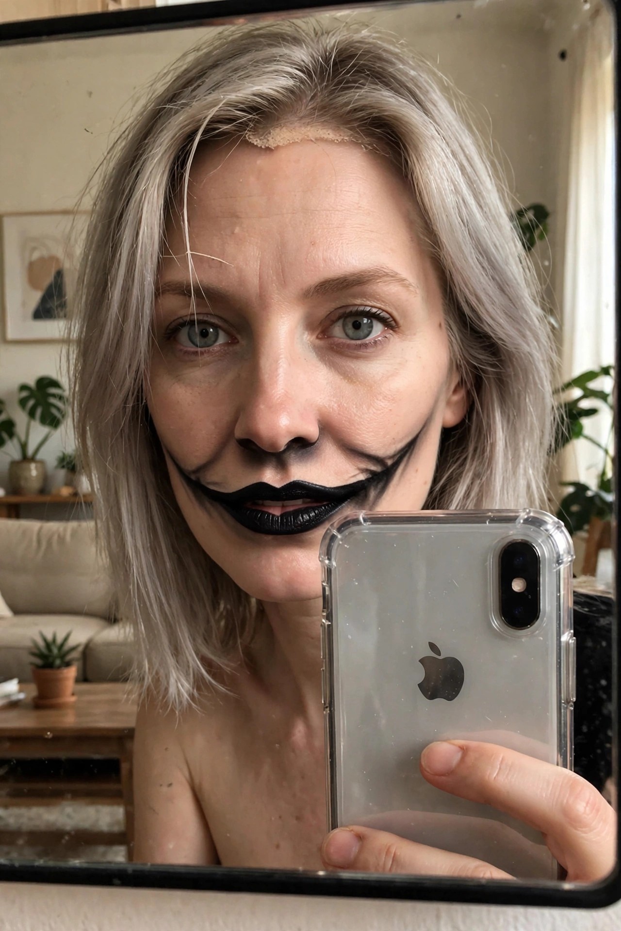 Close up of a woman with short silver hair wearing black face paint that forms a wide exaggerated grin around the mouth and lips.