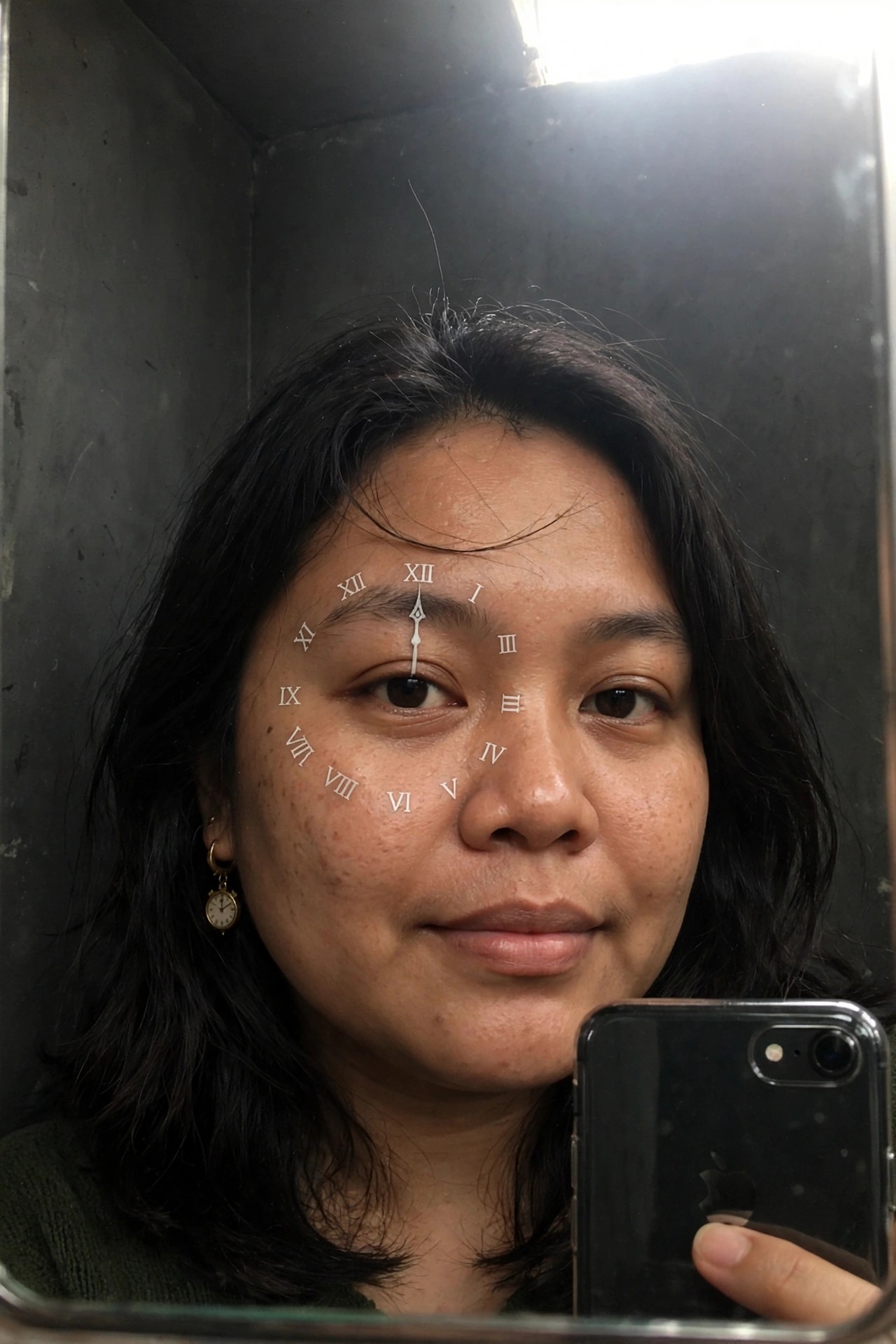 Close-up of clock face makeup with Roman numerals around the eye and clock hands at XII.