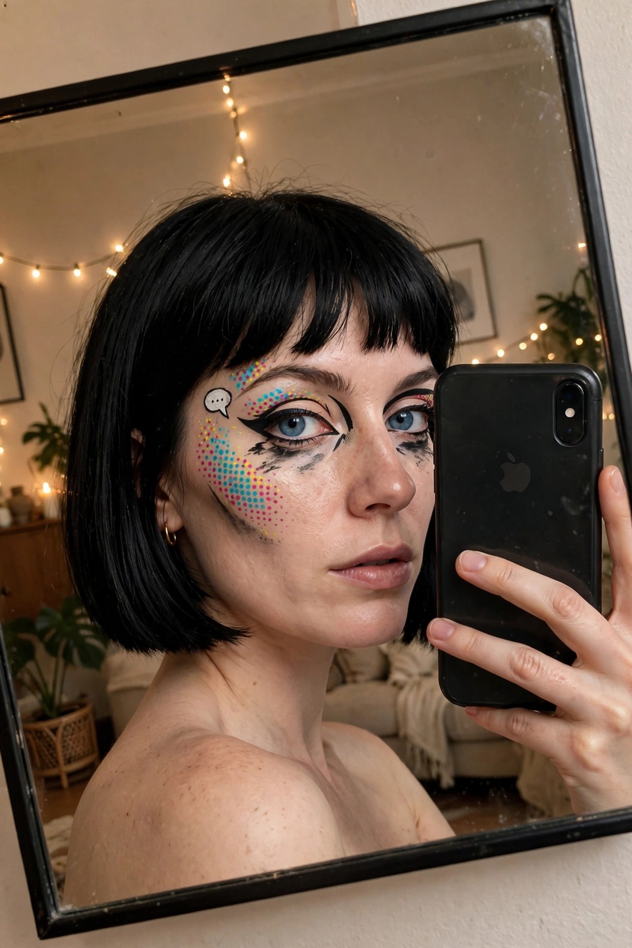 Close up mirror selfie of woman with short black bob showing colorful halftone dot pattern and speech bubble design on left cheek with dramatic black winged eyeliner on both eyes.
