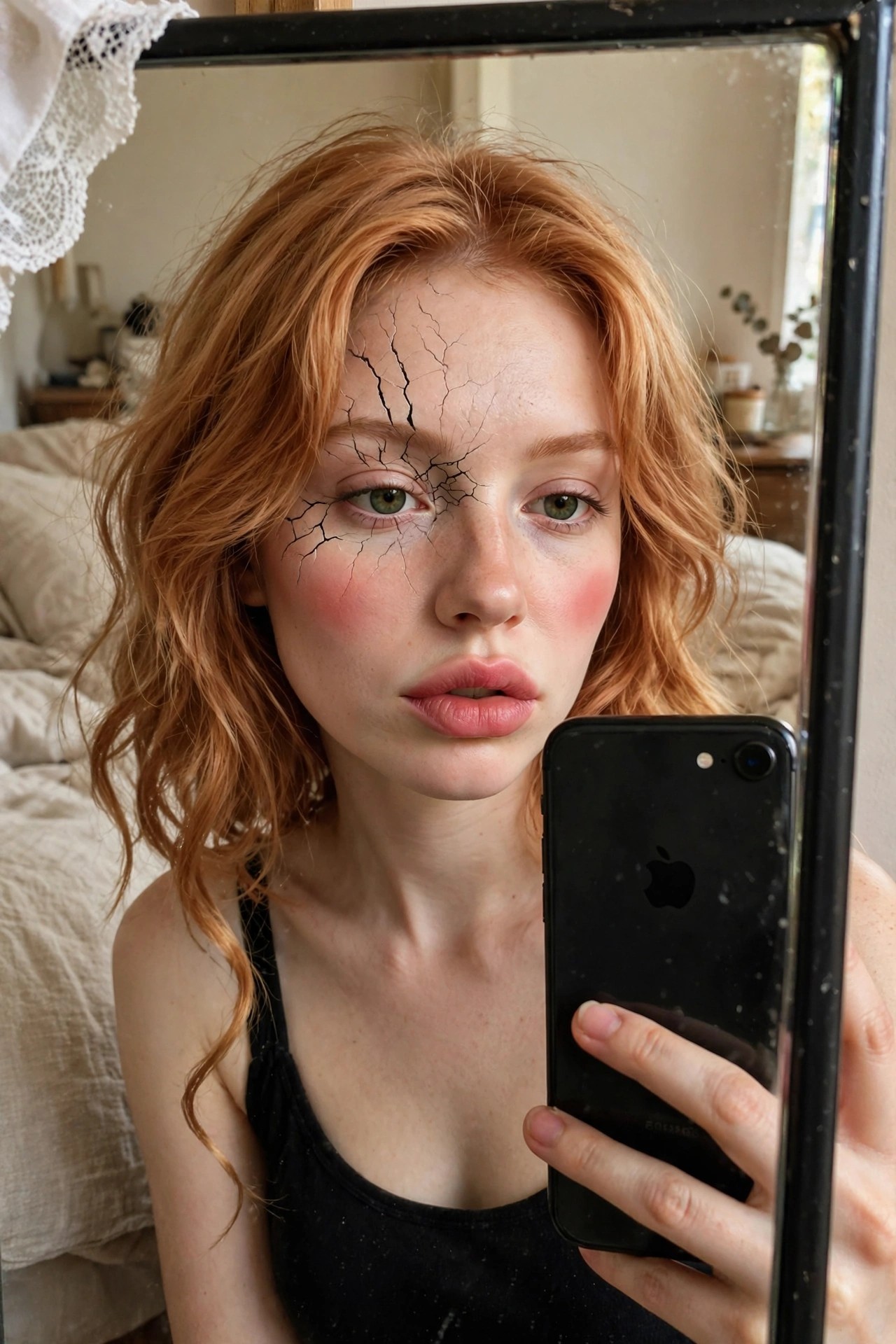 Close up of cracked porcelain doll makeup with black fracture lines across forehead and around one eye on a person with red hair taking a mirror selfie.