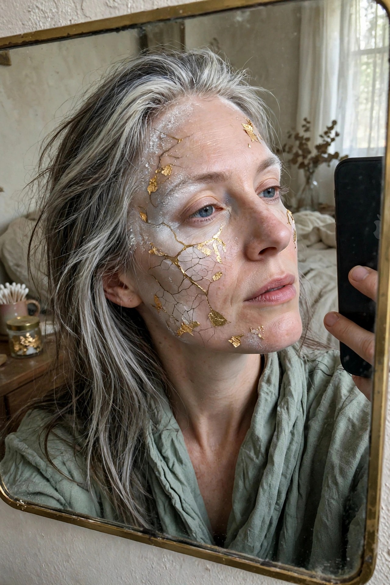 Close view of cracked white face paint with scattered gold leaf pieces filling the lines on forehead cheek and jaw.