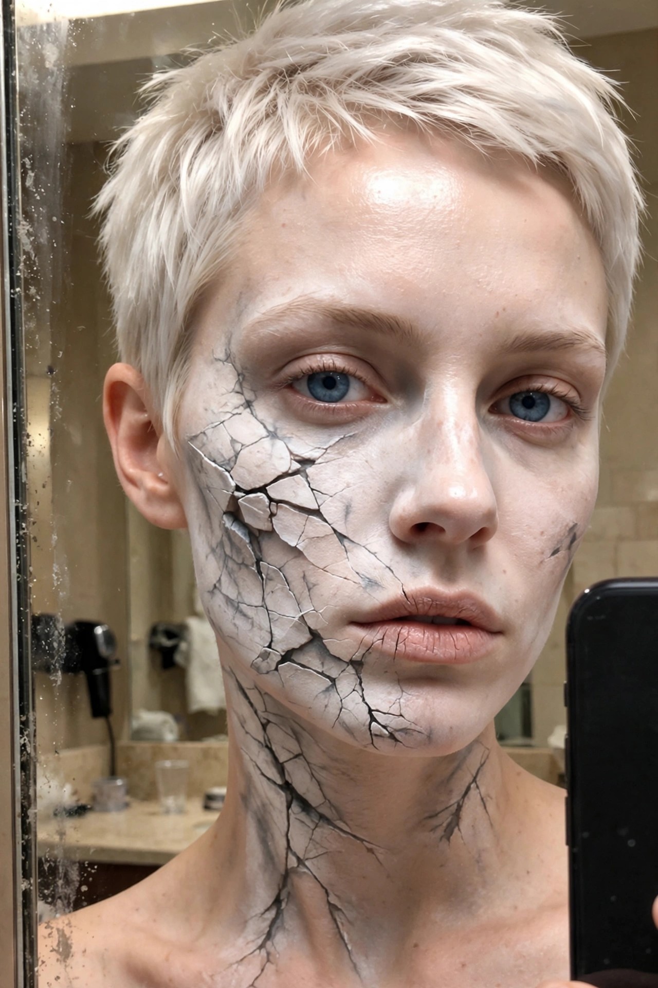 Close-up of cracked porcelain style face paint with dark fracture lines covering the face, neck, and upper chest on short light hair.