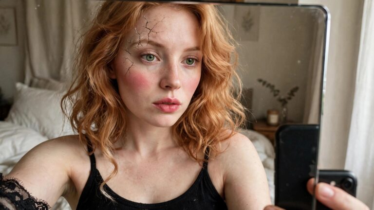 23+ Jaw-Dropping Halloween Makeup Looks Packed with Creative Flair Close up of cracked porcelain doll makeup with black fracture lines across forehead and around one eye on a person with red hair taking a mirror selfie.