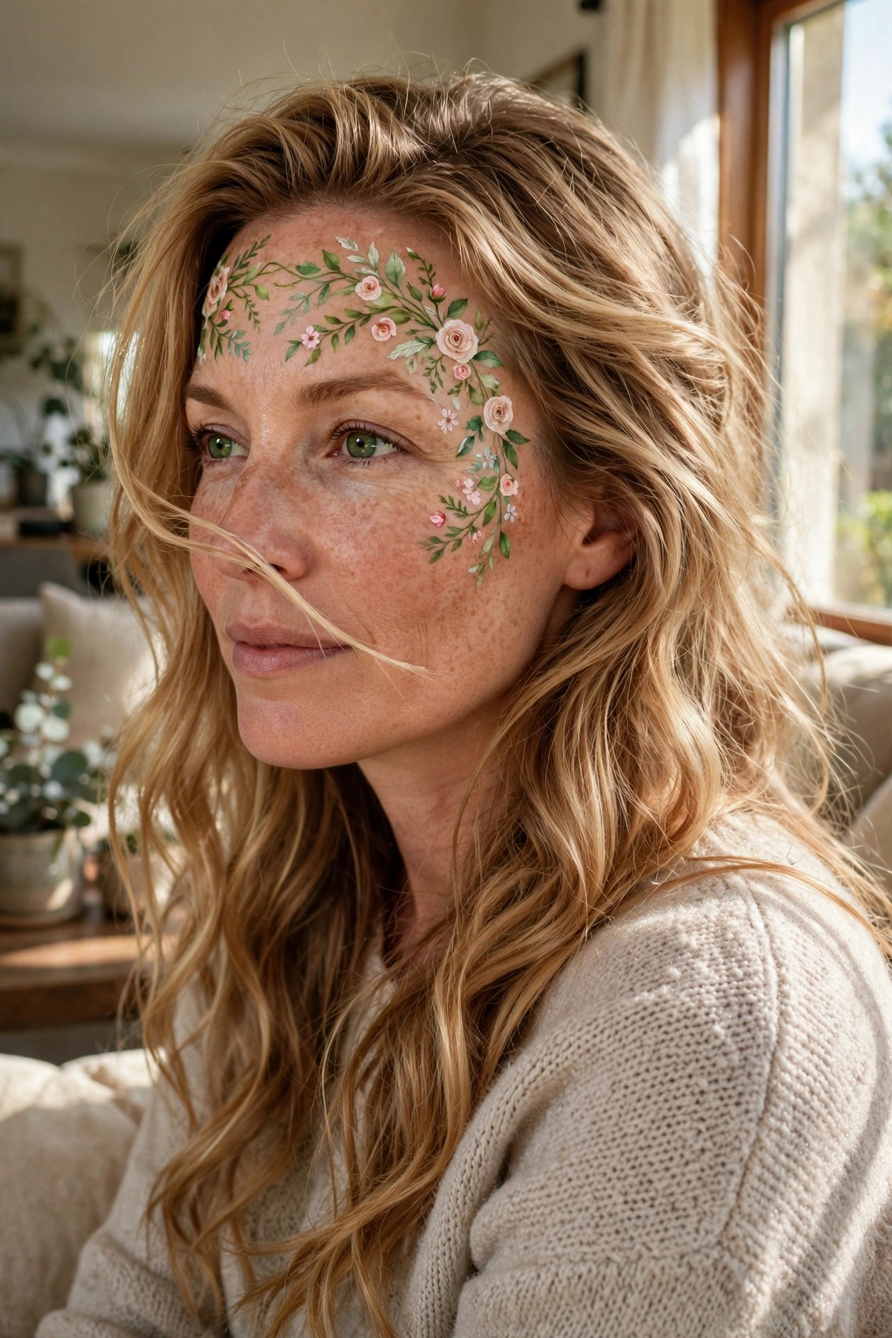 close up of floral face paint featuring pink roses and green leaves across the forehead and cheek on light skin with freckles