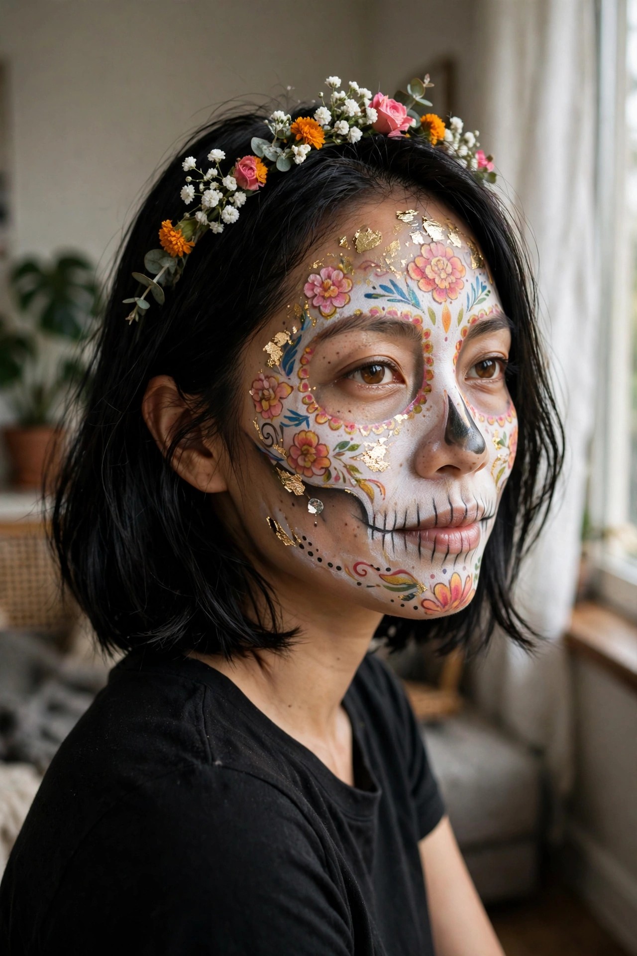 Close up of floral sugar skull face paint with gold leaf accents and a flower crown on short black hair.