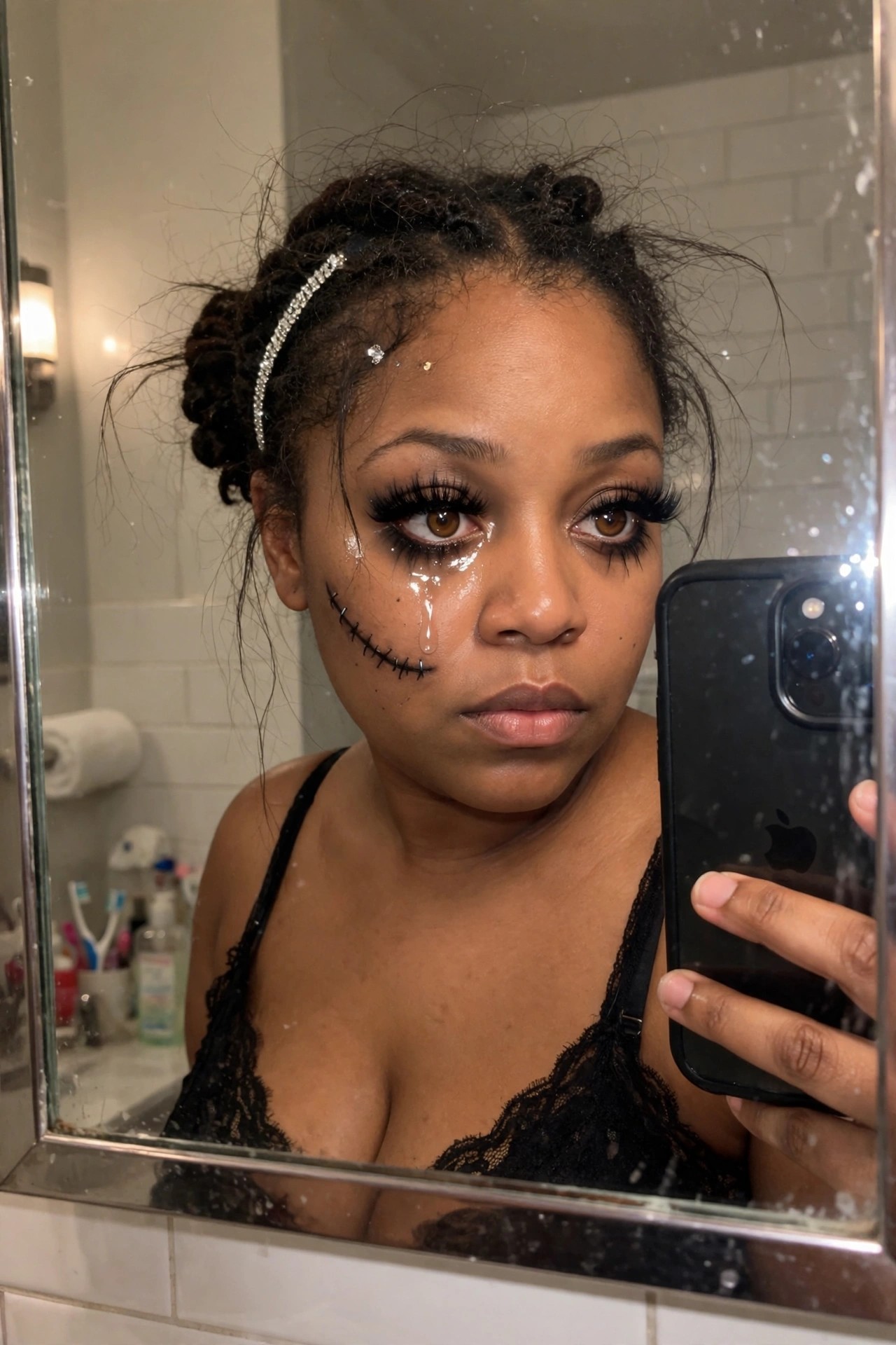 Close up of face with black stitched mouth design on the cheek, heavy winged eyeliner, long lashes, and clear drip under one eye.