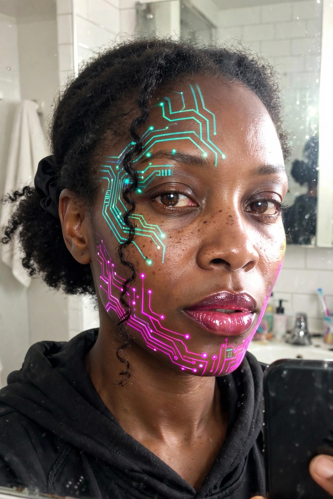 Close up of a woman wearing neon cyan and pink circuit board face paint with glowing lines and dots across the forehead, temple, cheek, and jaw.