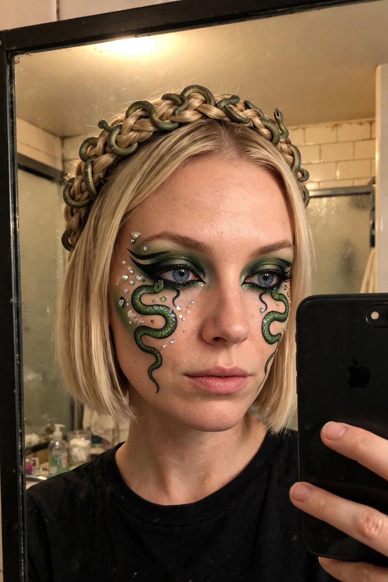 Close up of Medusa makeup with green snake designs painted on the cheeks, emerald eyeshadow, black winged liner, scattered rhinestones and glitter accents around the eyes.