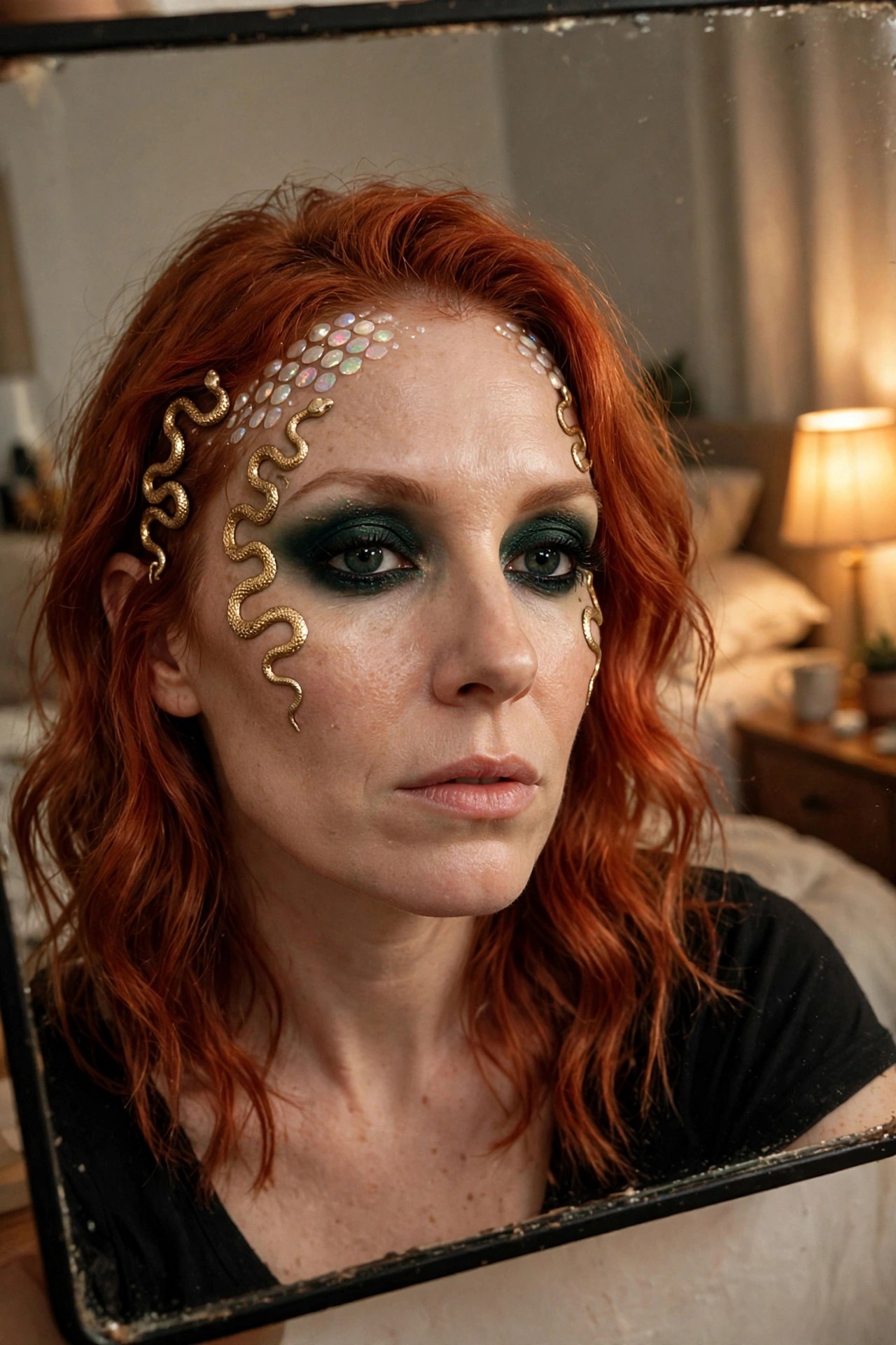 Close-up of Medusa makeup with dark green smoky eyeshadow, gold snake accents on the cheeks and temples, and iridescent scale details across the forehead.