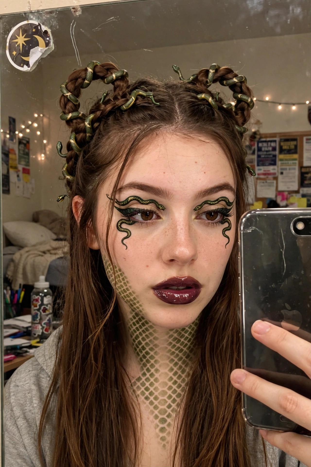 Close-up of Medusa makeup with green and black snake designs around the eyes, scale pattern painted on the neck and jaw, and small snake accessories in braided hair buns.