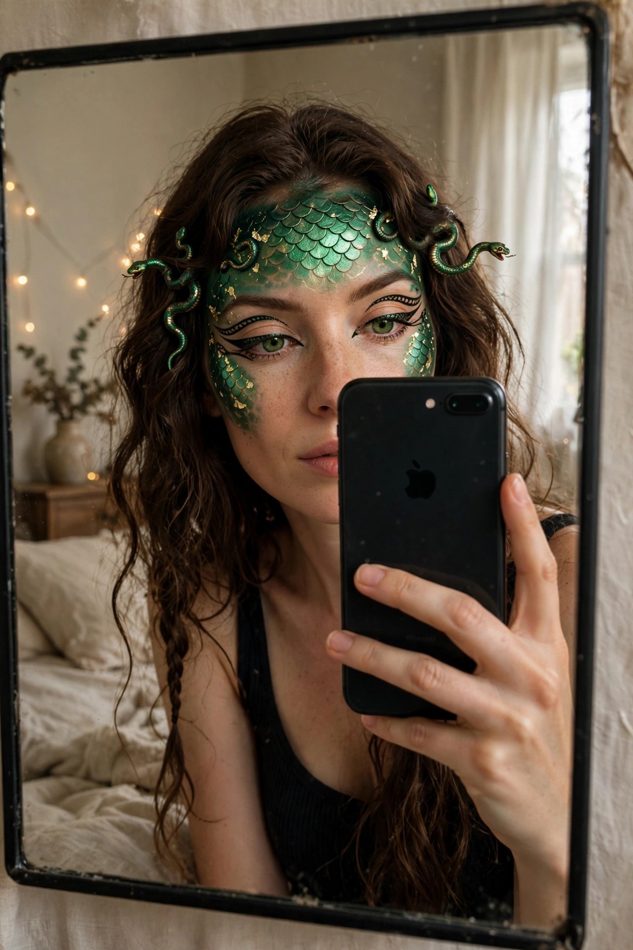 Close up mirror selfie of a woman wearing green metallic scale face paint across her forehead and cheeks with gold accents, black scale patterned winged eyeliner, and small green snake accents near her temples.