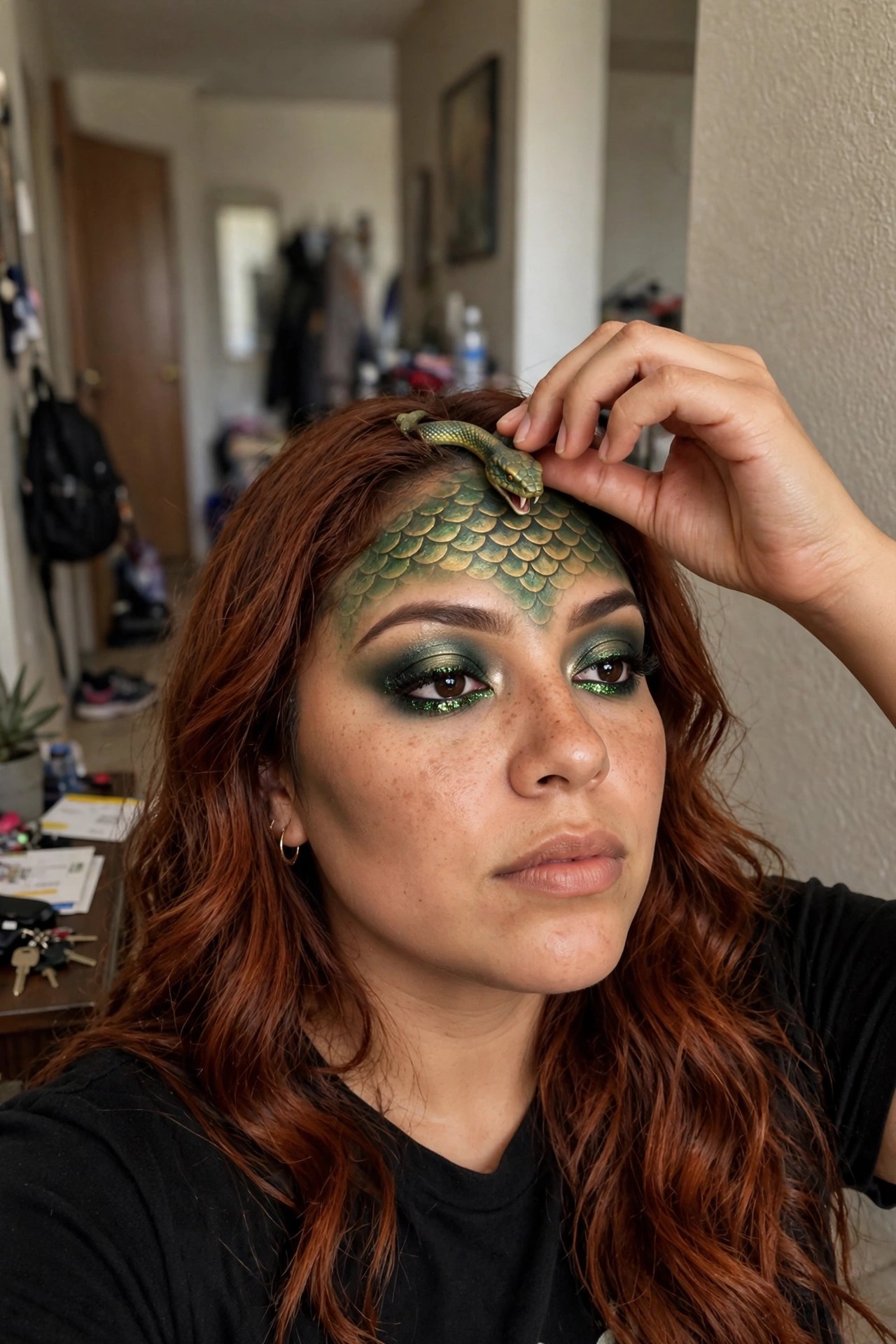 Close-up of woman with red hair wearing green and gold scale face paint across forehead, dark green glitter eyeshadow, and small green snake prop resting on forehead.