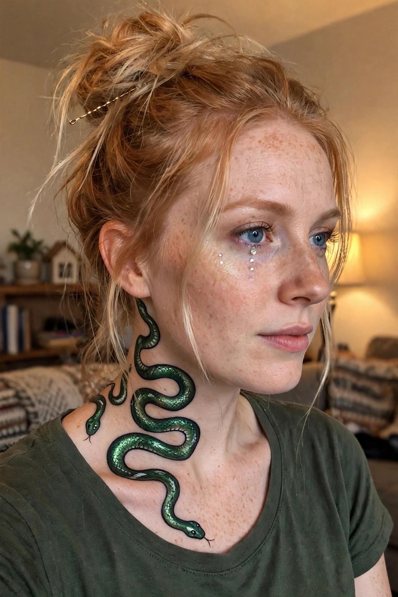 Close-up of a woman with a detailed green metallic snake painted across her neck and lower face, two snake heads visible, clear crystal teardrops under one eye, light freckled skin, messy blonde updo.