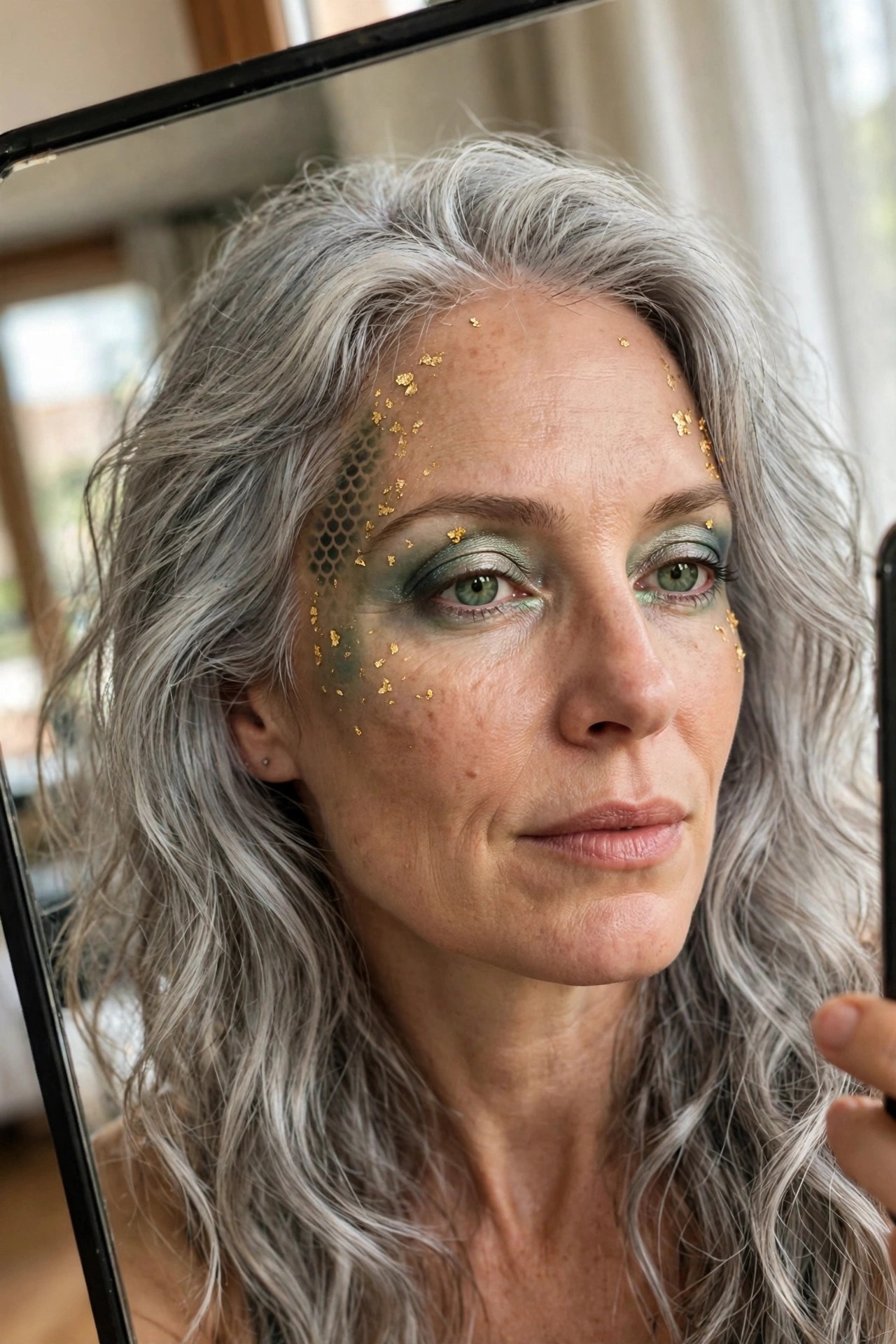 Close up of Medusa makeup with green eyeshadow, gold flakes, and scale pattern on the left side of the face.