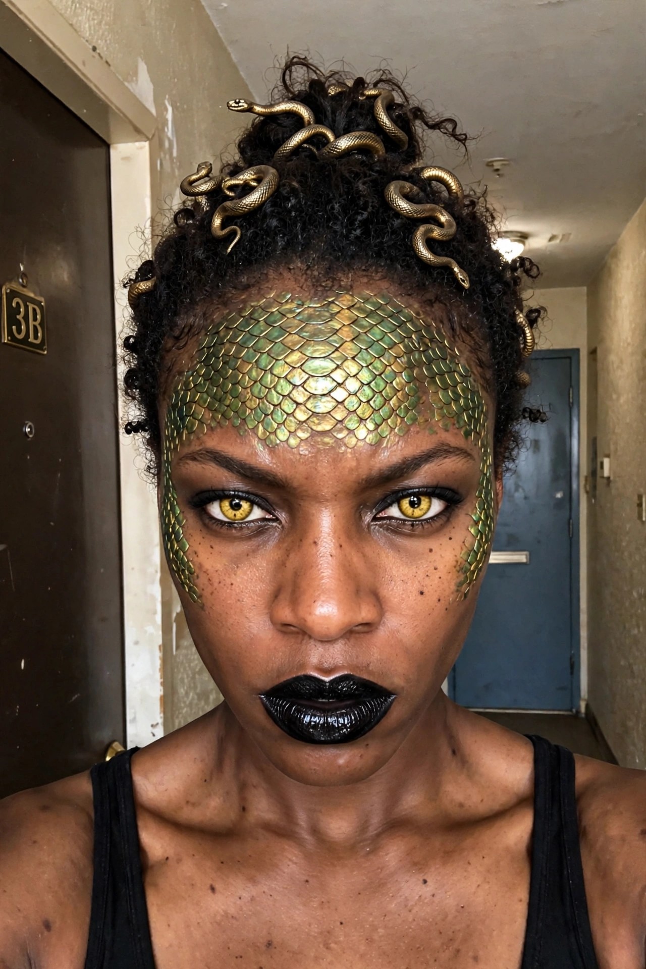 Close up of Medusa inspired makeup with green and gold scale pattern across forehead and temples, yellow snake eye contacts, and glossy black lips.