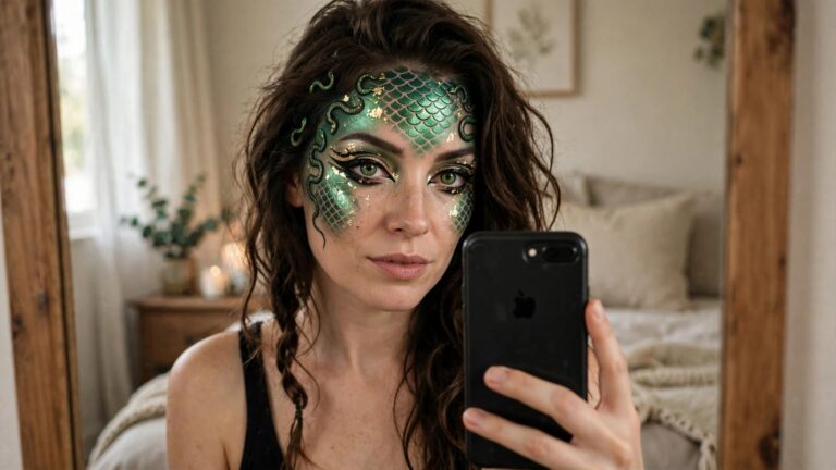 23+ Mesmerizing Halloween Medusa Makeup Ideas for a Bold Look Close up mirror selfie of a woman wearing green metallic scale face paint across her forehead and cheeks with gold accents, black scale patterned winged eyeliner, and small green snake accents near her temples.