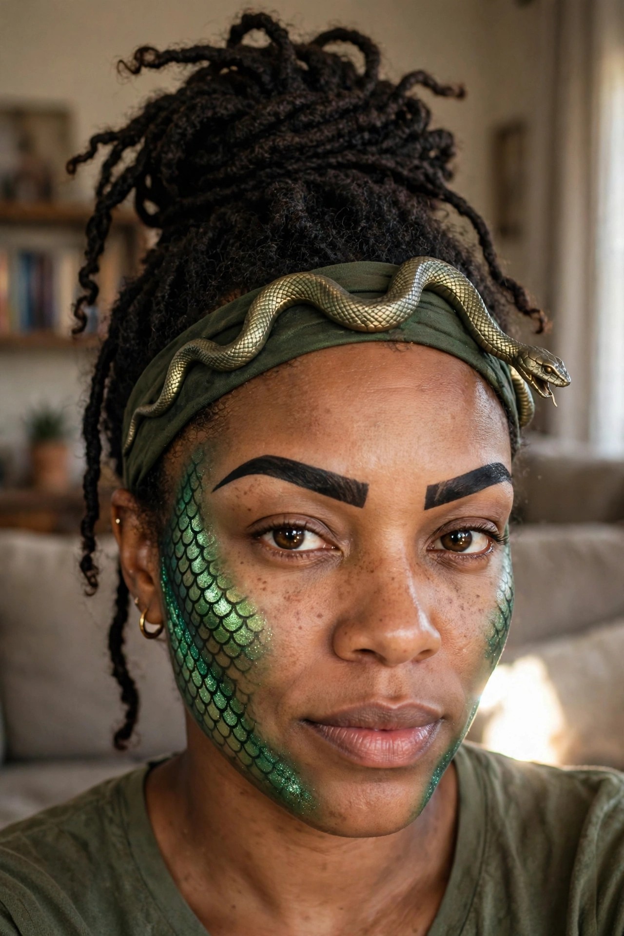 Close up of Medusa makeup featuring green iridescent scale design on the cheek and dramatically bold black eyebrows with a golden snake headband.