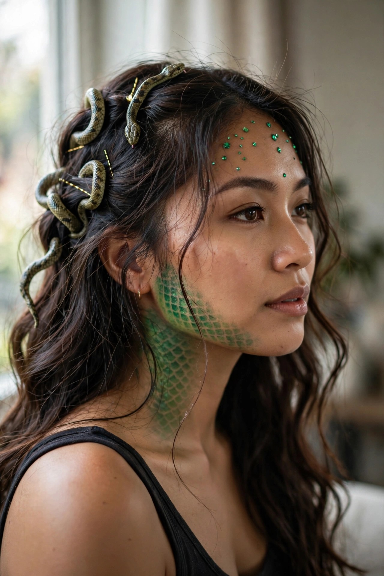 Close up of green scale face paint along the jaw and neck with scattered green gems on the forehead and small snakes in dark hair.